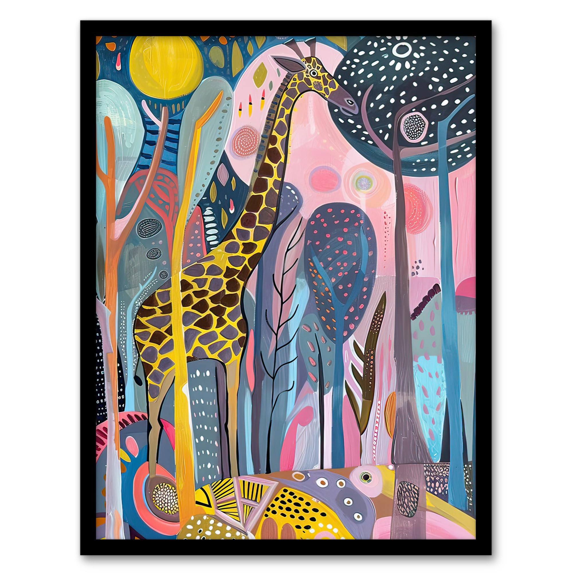 Artery8 Quirky Giraffe Folk Art Colourful Trees Painting Living Room Artwork Framed Wall Art Print A4
