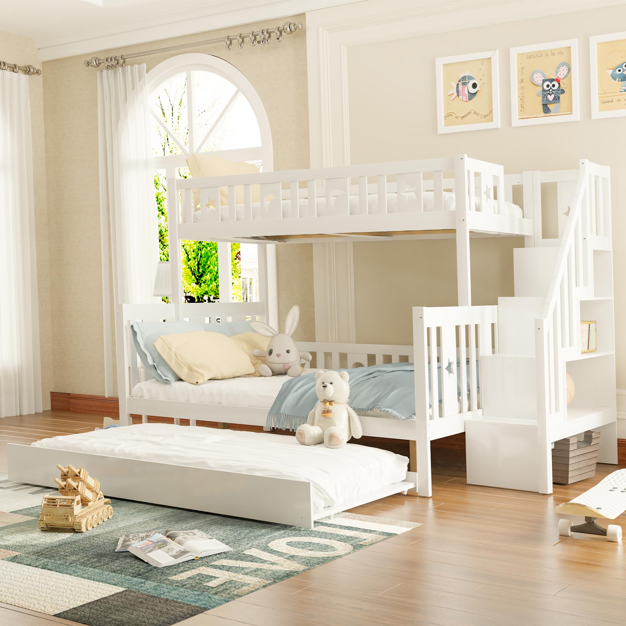 YESGIGA 90 x 200/140 x 200 cm, letto a castello in legno massello con scala di sicurezza, letto a rotelle e rete a doghe (con letto arrotolabile A)