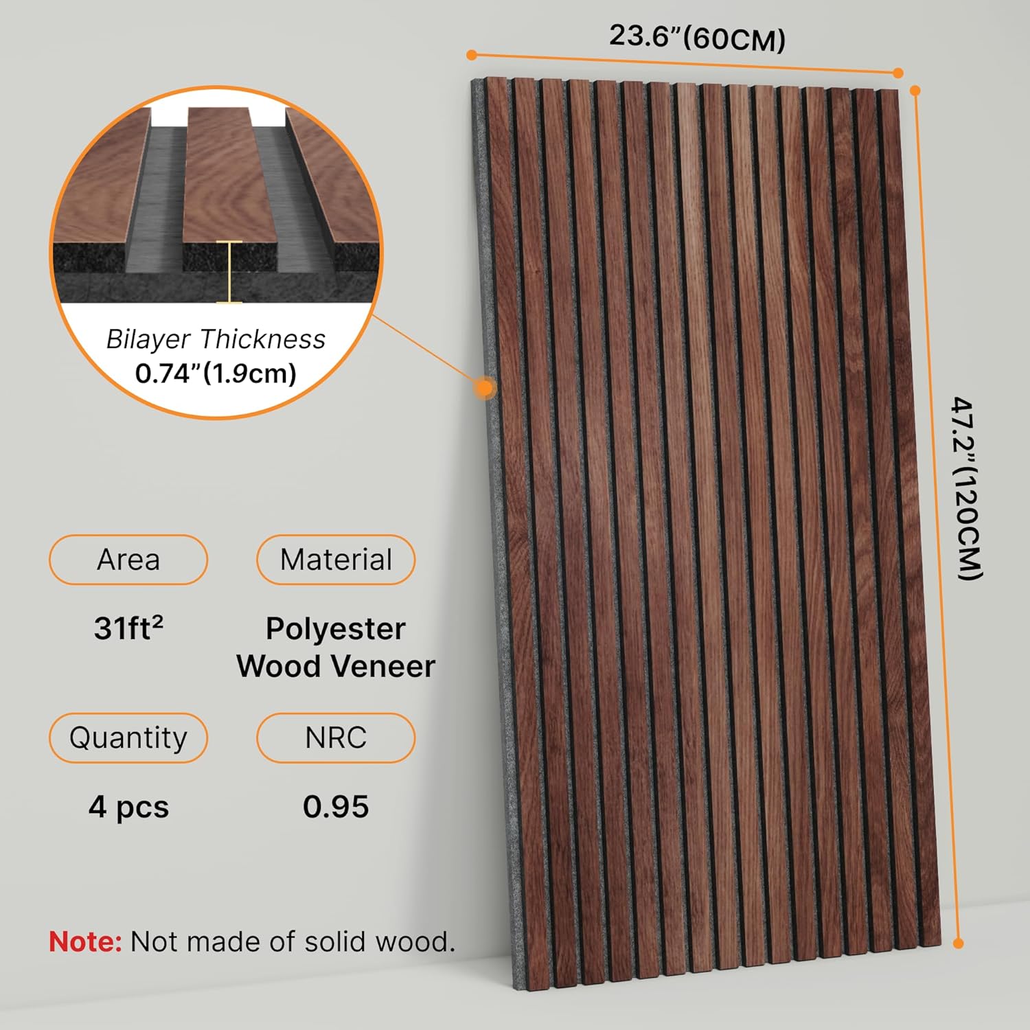 4-Pack Acoustic Wood Veneer Wall Panels, 47"x23.6"x0.74" 3D Self-Adhesive Panel, Dual-Layer Soundproof Tiles for Echo Absorption, Decorative Acoustical Barrier, Walnut Wood Finish