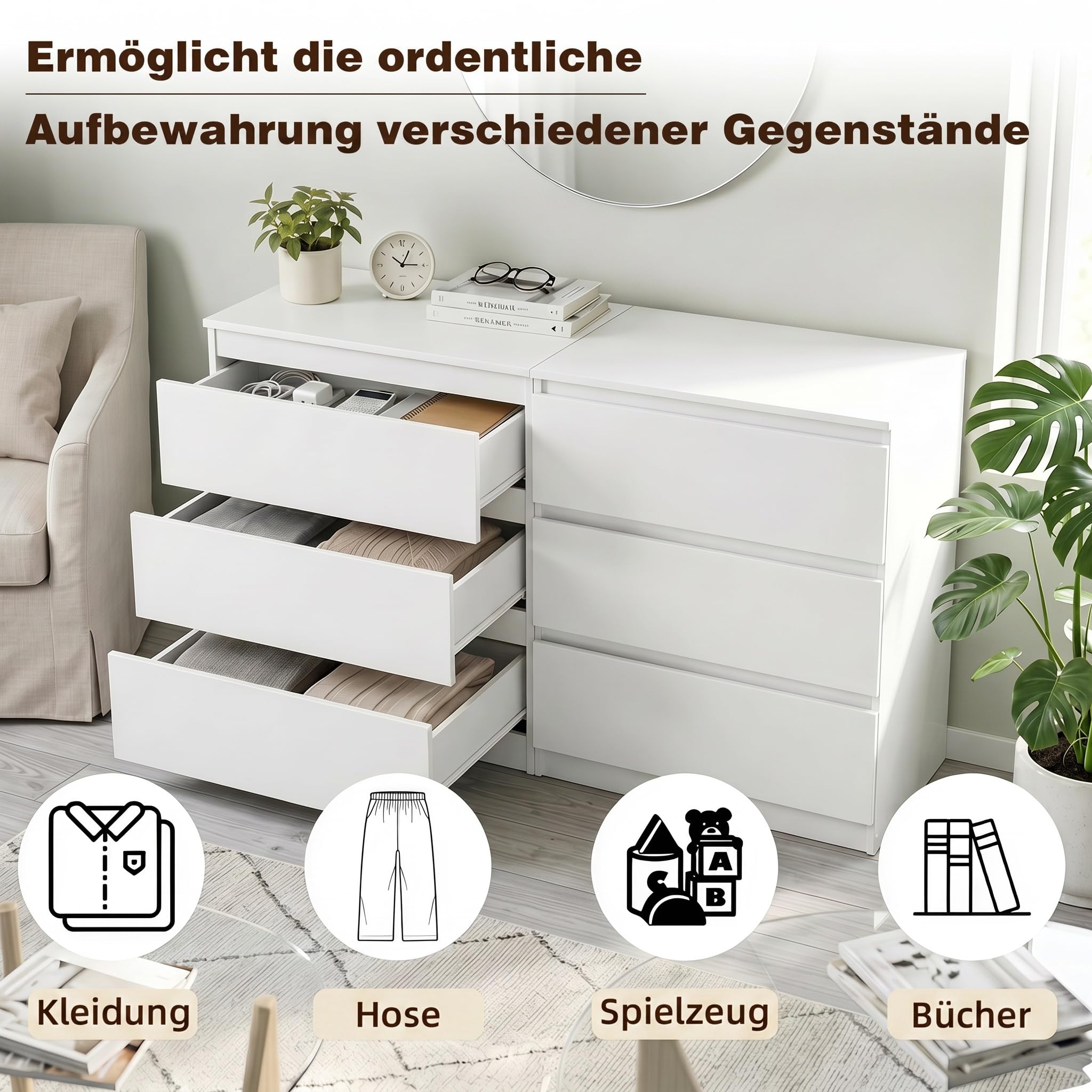 2er Set Komodenschrank für Schlafzimmer 60 cm Breit Kommode Weiß mit 3 Schubladen, Nachtkasten Schubladenkommode Kommode&Sideboard Komoda Weiss für Büro Wohnzimmer Schlafzimmer Flur Möbel(60x40x70CM)