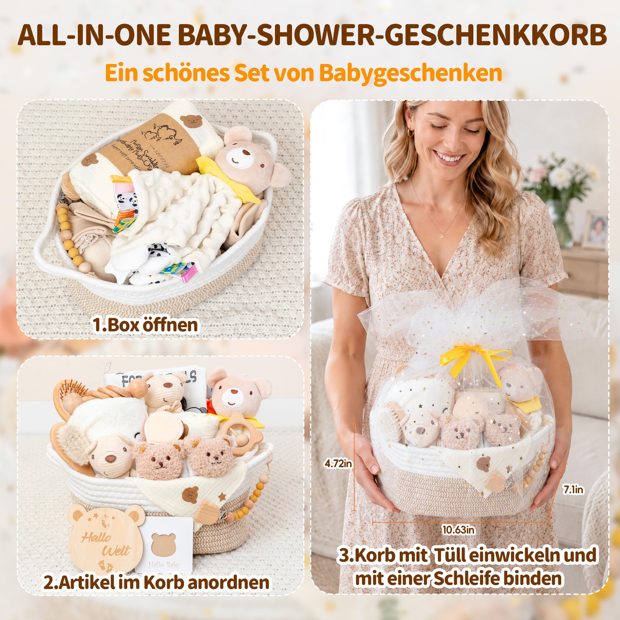 Baby Geschenk Junge, Neugeborenen Set mit Decke, Holzrassel, Haarbürste | Geburtsgeschenk: Neugeborenen Set mit Decke, Handschuhen, Holzrassel, Haarbürste und Polsterbürste.