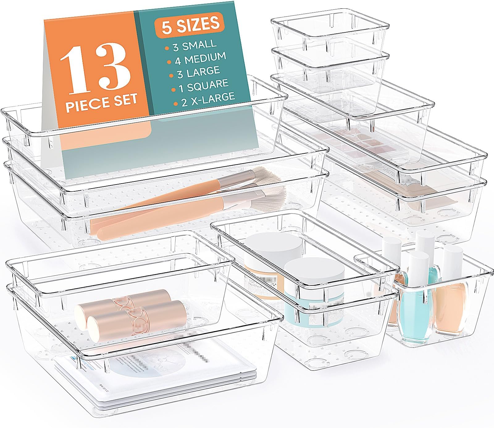 WOWBOX Drawer Organizer Set, Acrylic Drawer Storage Trays, Storage Bins for Makeup, Cosmetics, Jewelries, Utensils, Gadgets, Office (13 pcs Set)