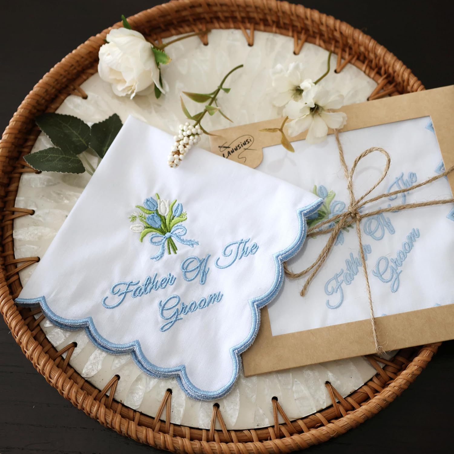 Wedding handkerchiefs - Mother Father of the Bride Gifts 11" x 11" Something Blue Embroidered Hankies Gifts image 3
