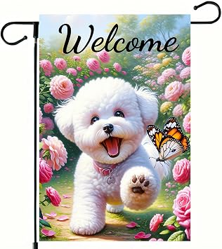 BlissYard Welcome Garden Flag Spring Summer Dog Garden Flag 12x18 Inch Double Sided Cute Bichon Frise Puppy Floral Butterfly Outdoor Yard Lawn Porch Decor Banner
