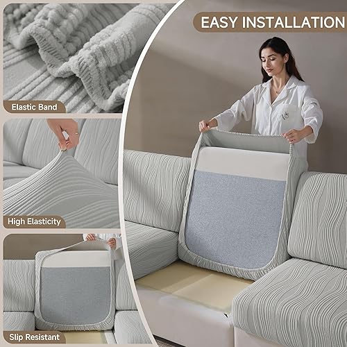 Miniatura 6 de Fundas de cojín para sofá, fundas de sofá lavables y elásticas a rayas para sofá modular en forma de L, fundas protectoras de muebles para perros