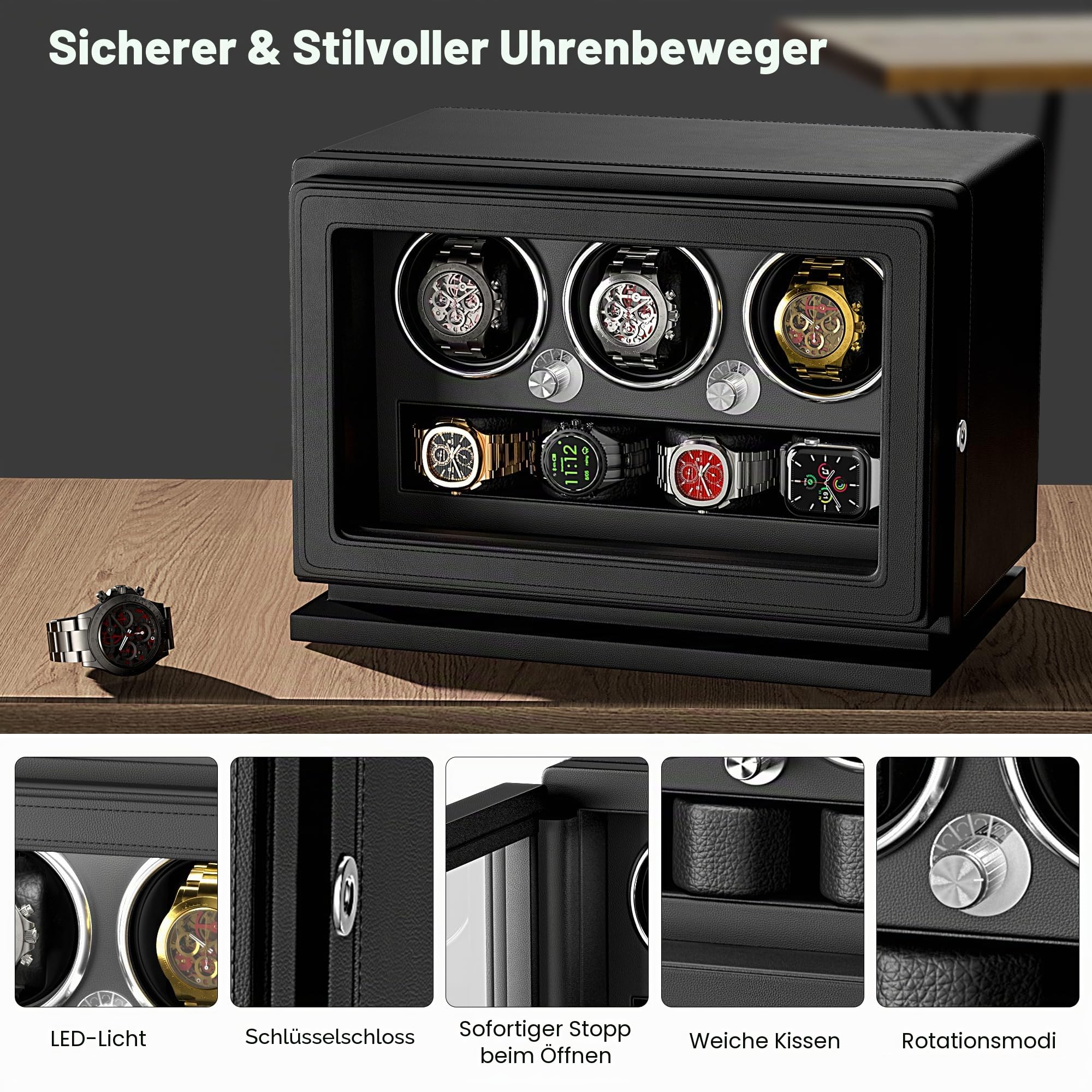 Uhrenbeweger, 2-in-1-Uhrenbeweger mit Schlüsselschloss für 3 Automatikuhren mit 4 Rotationsmodi, Mikrofaserleder, Verstellbarem Uhrenkissen, Leisem Motor und Weißem Licht für Damen & Herren