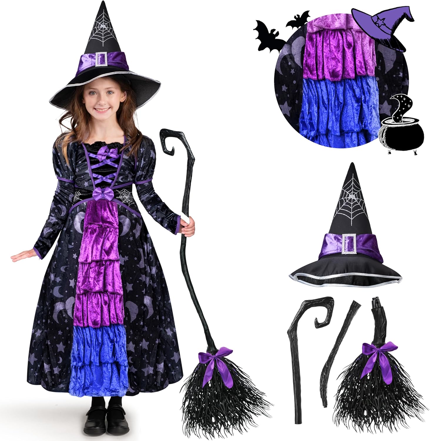 Spooktacular Creations Halloween Child Girl Purple Witch Costume, Toddler Stars and Moon Witch Dress for Kids Halloween Party Small (5-7yr)