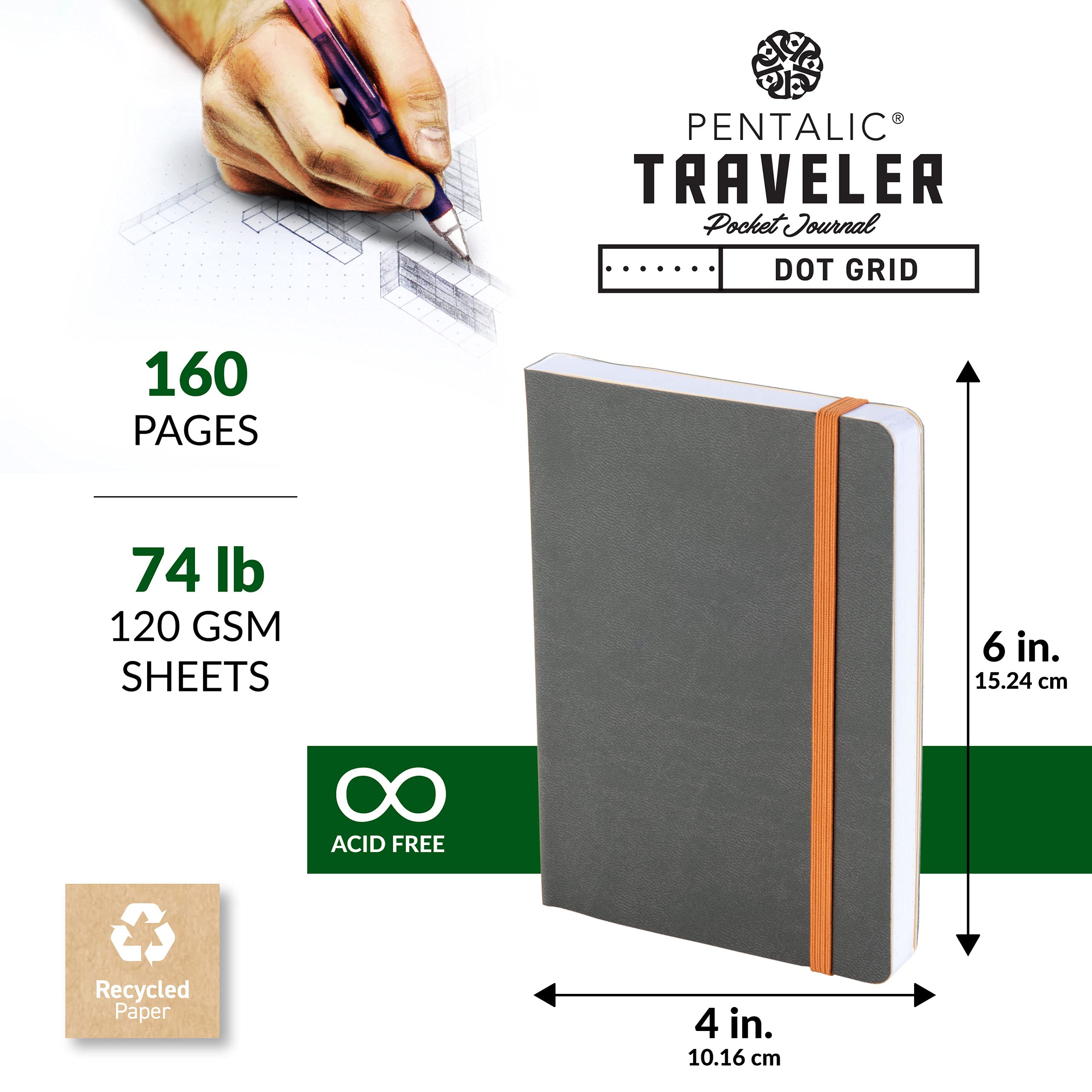 Pentalic Grid Traveler Pocket Journal - 10x15 Cm, Braun, Mit Elastischem Band & Lesebändchen (160 Seiten)