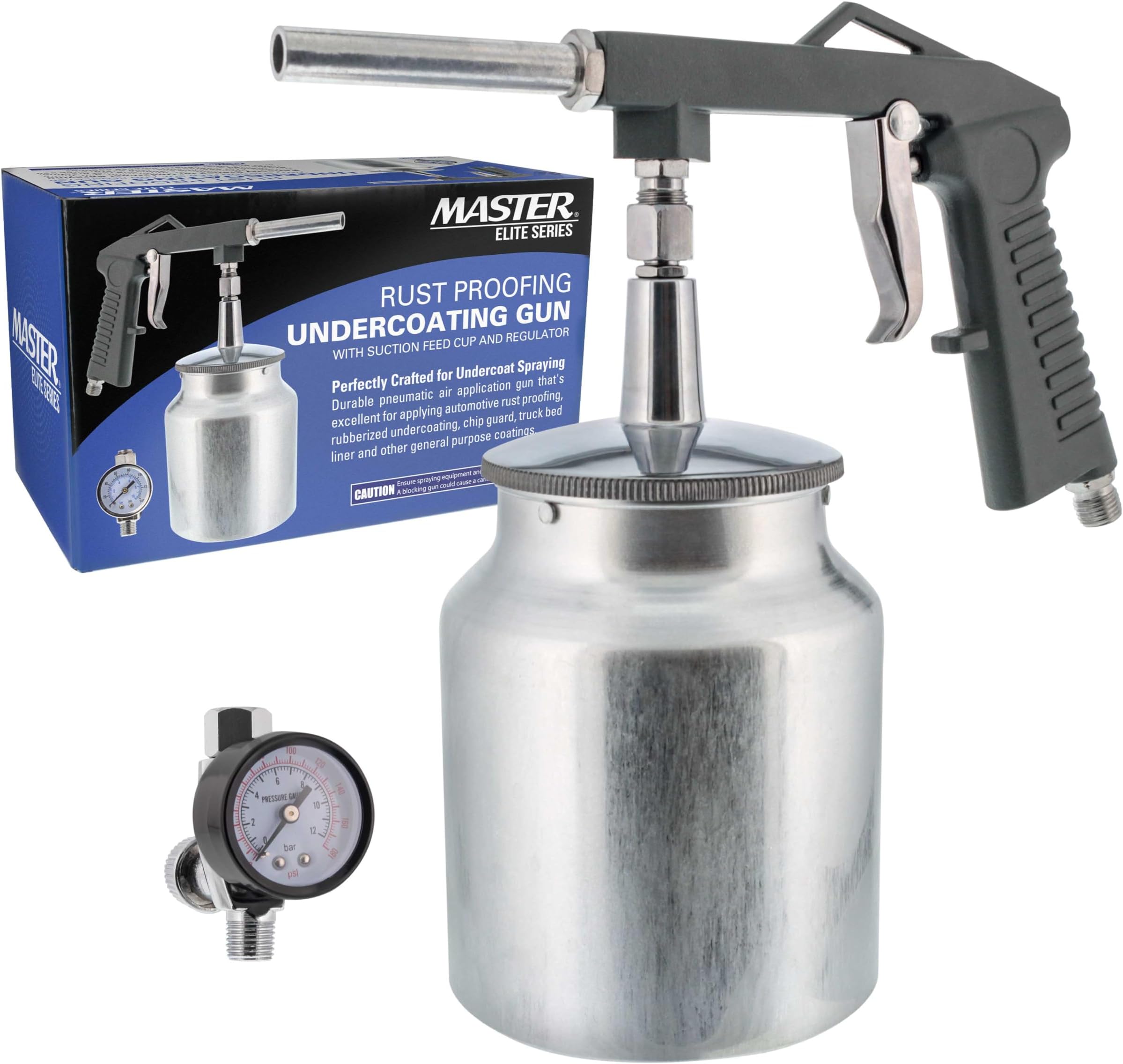 Master Elite Air Undercoating Spray Gun with Regulator & Suction Feed Cup - Apply Sprayable Truck Bed Liner Coating, Rubberized Undercoat, Rust Proofing Paint, Pneumatic Automotive Application Sprayer