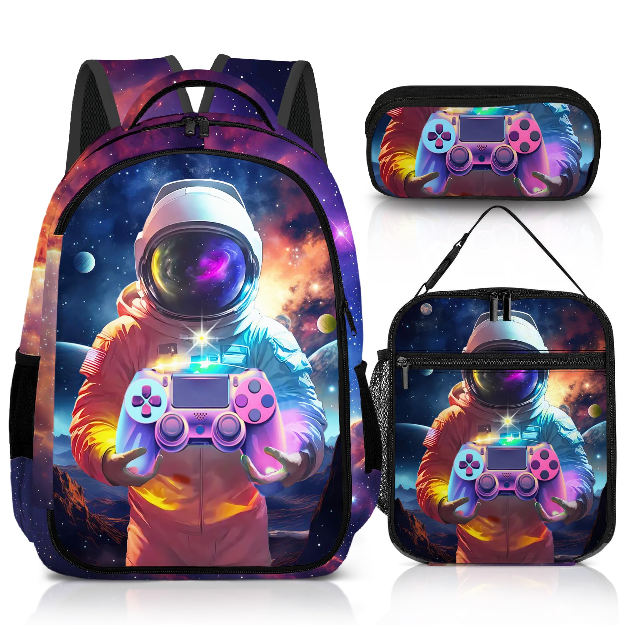 jvycjlu Game Backpack Set for Boys, Gaming Backpack 3 Pack, Boys Lunch Box, and Pencil Bag for Kids, 17"