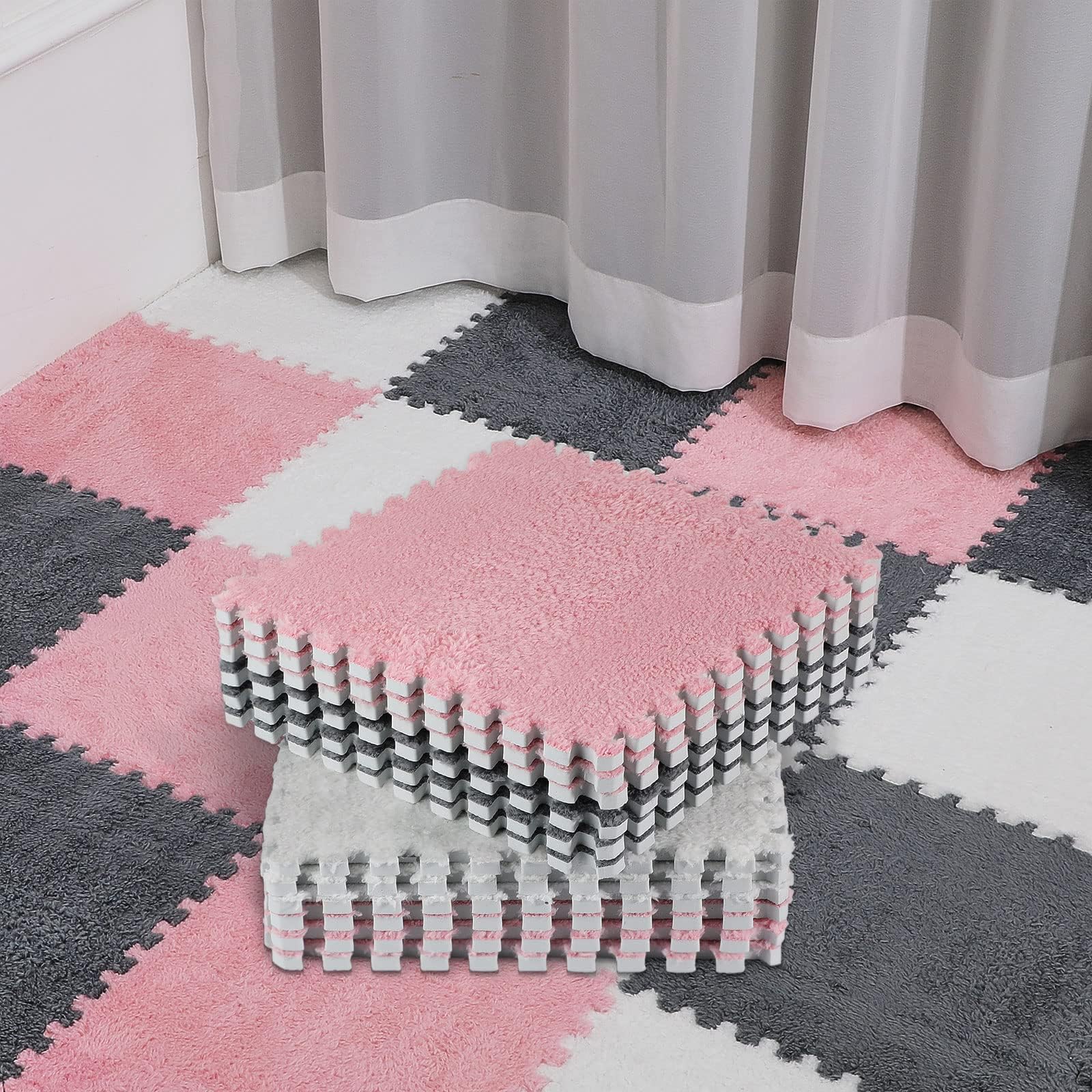 Amylove 36pcs Plush Foam Floor Mats, Square Interlocking Carpet Tiles with Edge, Fluffy Play Mat Floor Tiles Soft Climbing Area Rugs for Home Play Room,30x30cm (White,Grey,Pink)