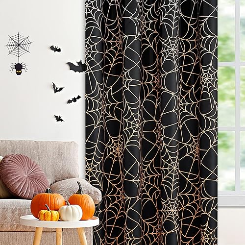 Miniatura 8 de Cortinas opacas de Halloween para sala de estar y dormitorio, cortina de ventana de tela de araña de 63 pulgadas de largo, 2 paneles de cortinas con