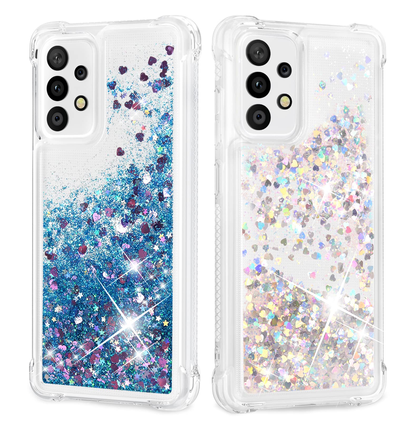 ANSHOW 2 Glitter Cases for Samsung Galaxy A33 5G, Liquid Quicksand Clear Sparkle Girls Women Thin Cell Phone Case Shockproof Protective Cover, Silver & Blue