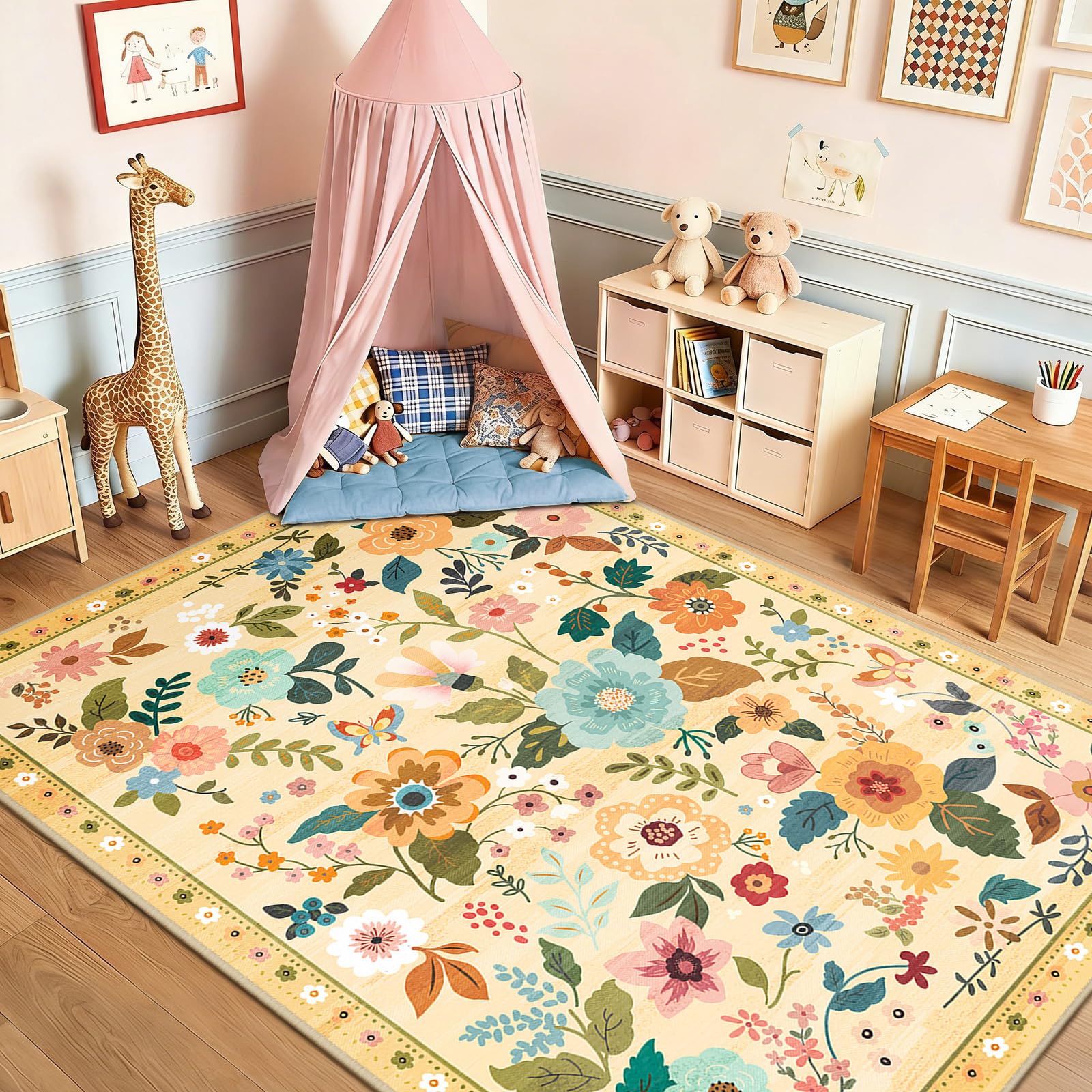DEFYNEE Waschbarer Teppich Wohnzimmer, Boho Vintage Blumenmuster Teppich, Rutschfester Kurzflor Carpet für Wohnzimmer, Schlafzimmer, Esszimmer