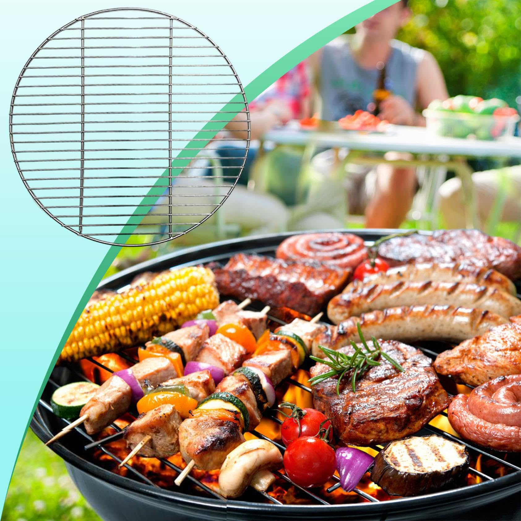 Grille de cuisson ronde en acier inoxydable de 53 cm - Pour barbecue, camping, pique-nique, jardin, répartition uniforme de la chaleur et nettoyage facile
