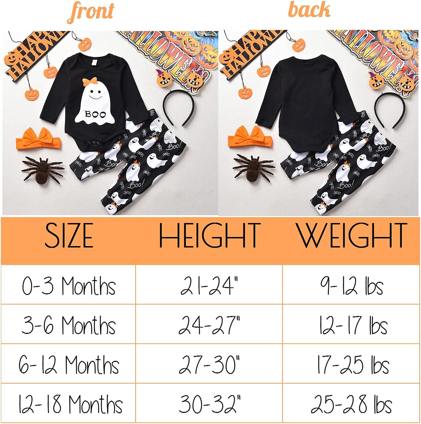 Infant Baby Girl Halloween Outfits Long Sleeve Rompers and Printed Pants with Headband 3pcs Set - Image 6