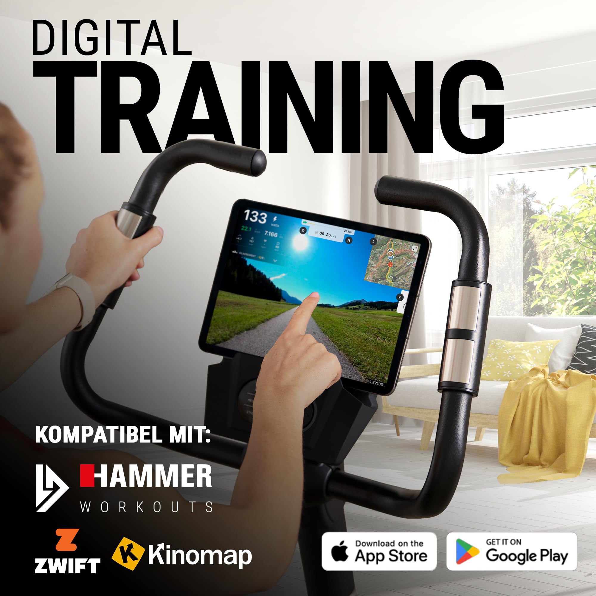 HAMMER Ergometer Cardio XT7 – leiser Heimtrainer für Zuhause mit tiefem Einstieg, App Kompatibel mit Kinomap, 8 kg Schwungmassensystem, 24 Programme, Hometrainer Fahrrad bis 130 kg