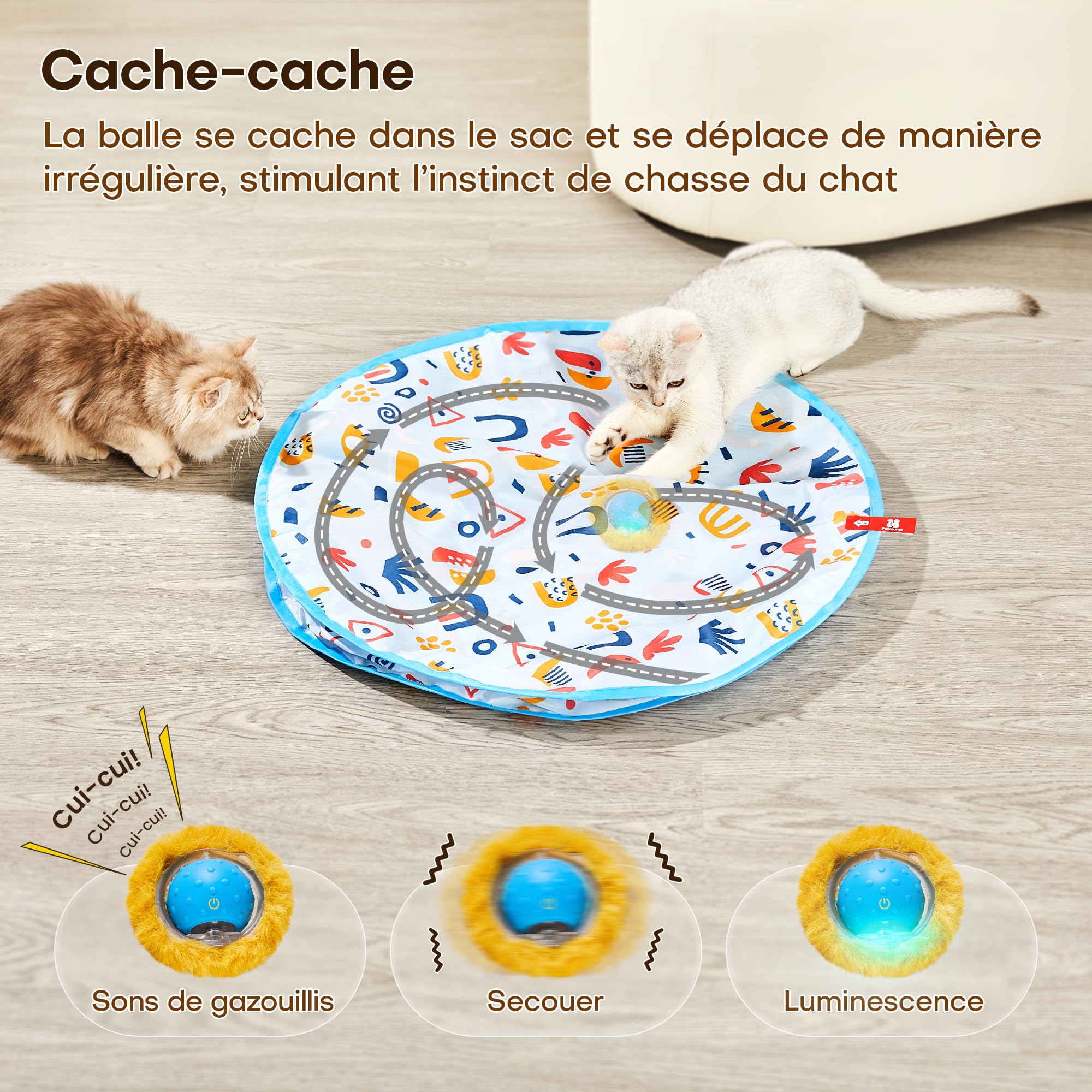 Potaroma Jouet interactif pour Chats d’intérieur – Balle Mobile Animal Squeaky avec Tapis de Jeu 71,1 cm