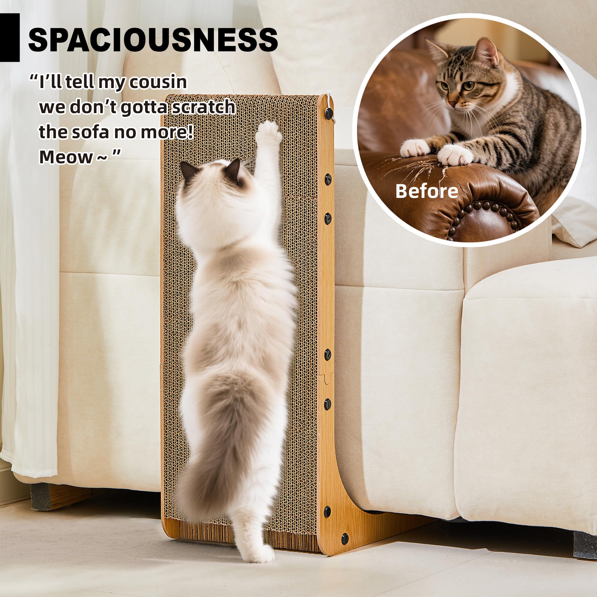 Value 2-Pack 23.6 Inch L-Shaped Cardboard Cat Scratcher, Dual Use (Vert/Horiz) Scratch Pad with Toy Balls, Wall-Mountable Furniture Protector Cat Scratchers for Indoor Cats, Couch & Wall