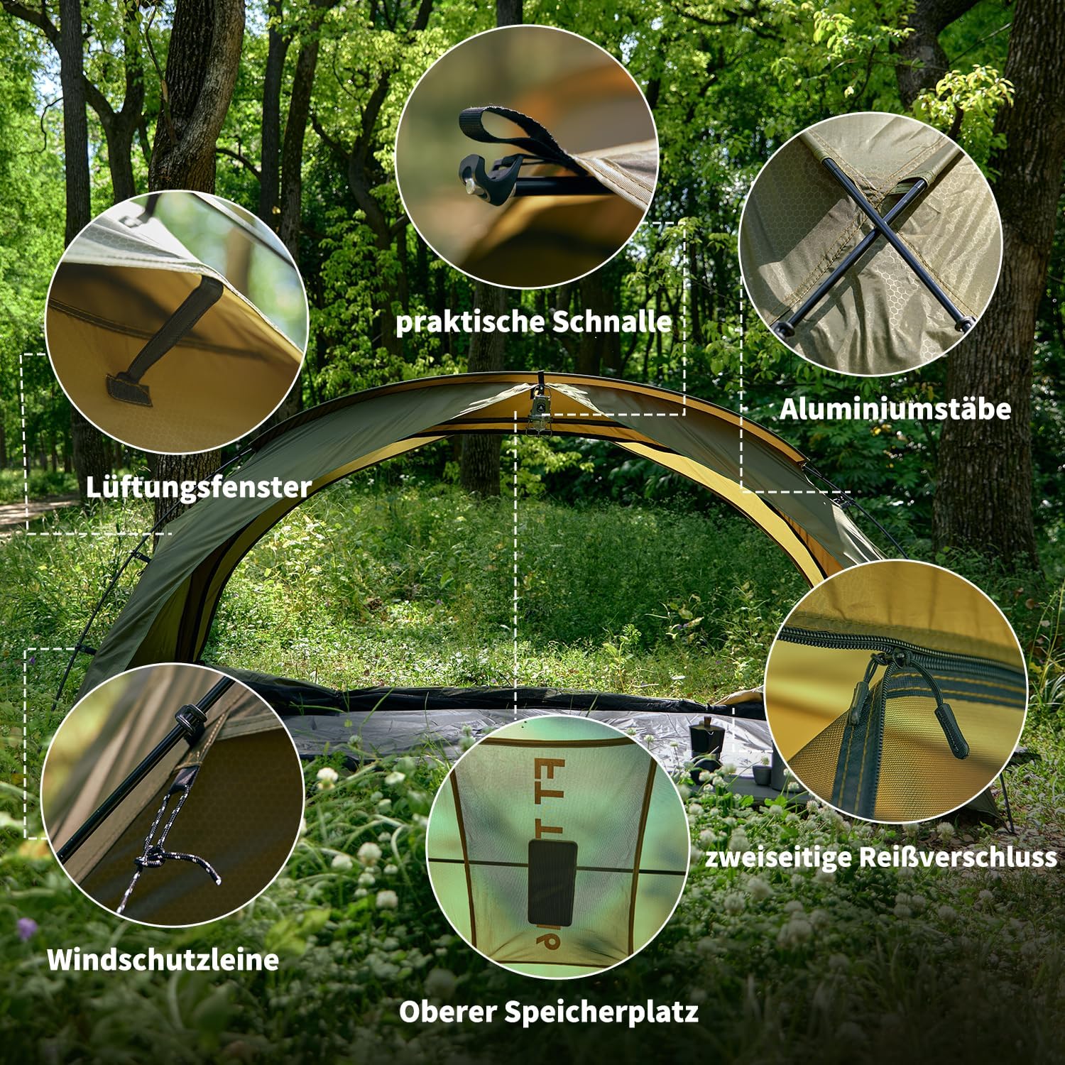 Detailed view of Olymmons tent features including practical buckles, aluminum poles, ventilation windows, wind ropes, top storage, and two-way zippers.