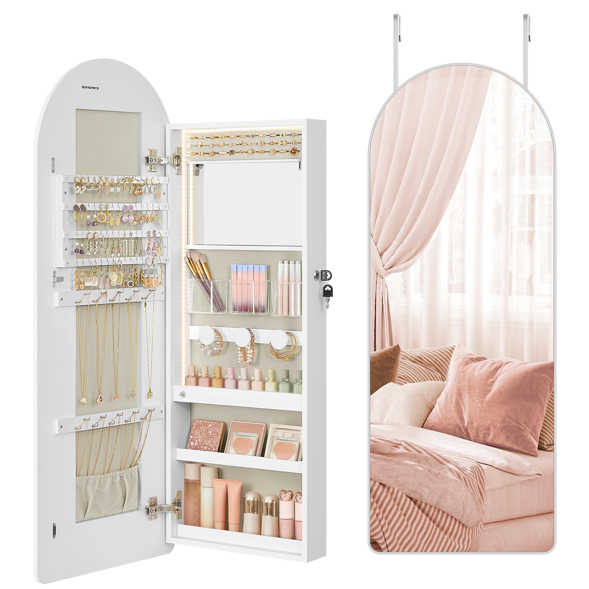 SONGMICS Schmuckkommode, Schmuckschrank, Spiegelschrank, Schmuck-Organizer mit LED-Beleuchtung, abschließbar, abgerundete Ecken, mit Innenspiegel, 10 x 42 x 108 cm, wolkenweiß JJC020W01