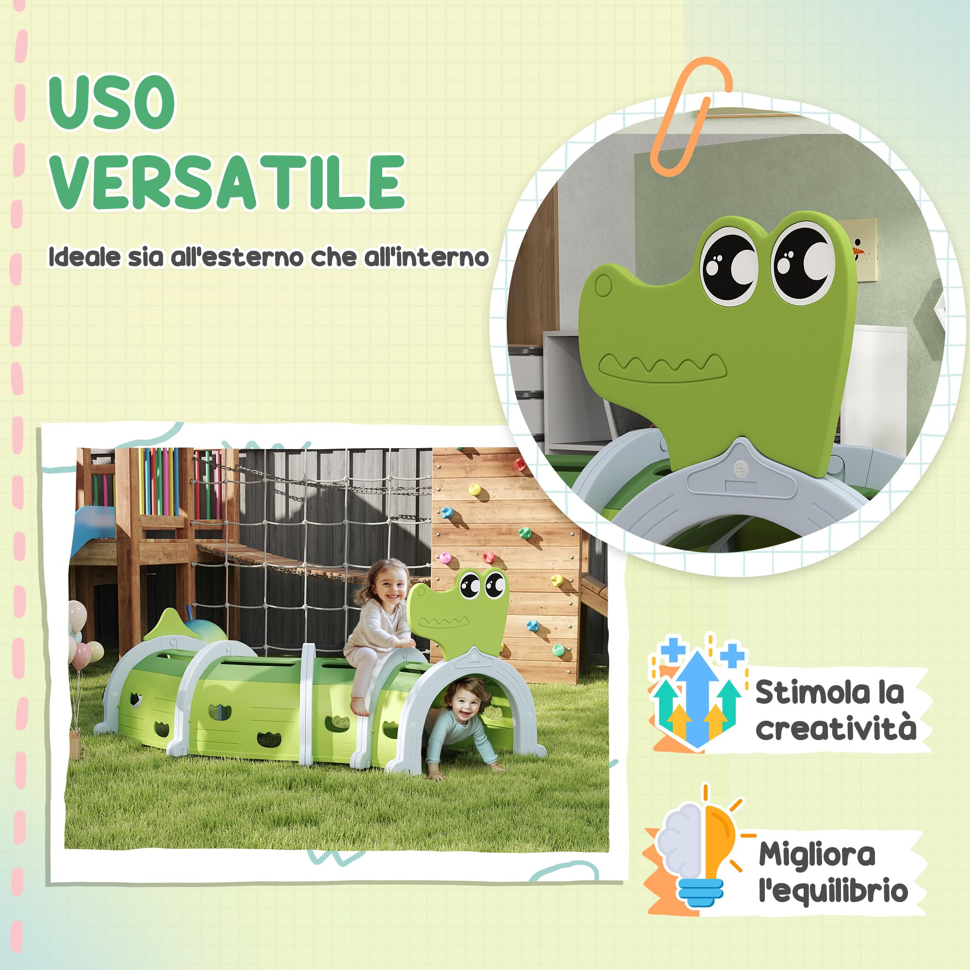 AIYAPLAY Tunnel da Gioco per Bambini 3-6 Anni a Forma di Coccodrillo, Tunnel Gioco da Interno ed Esterno in Plastica, Modulabile in Diverse Forme, Adatto per Asilo e Parco Gioco, Verde