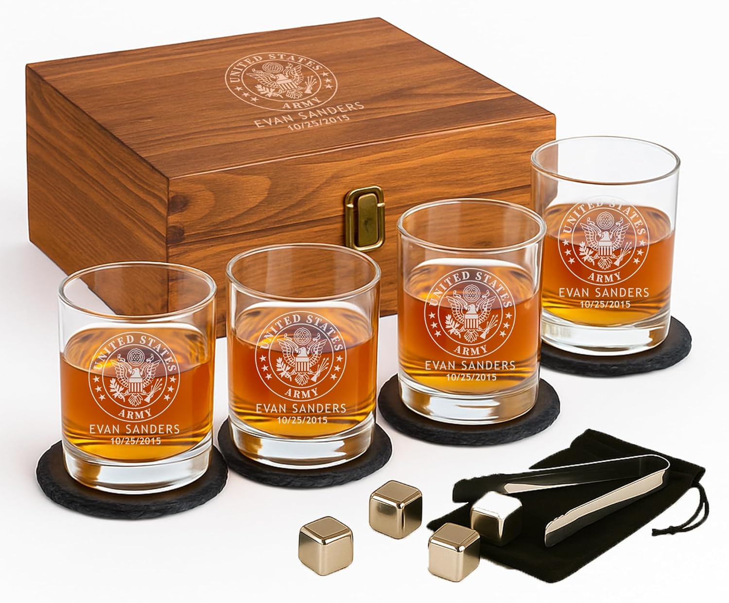 Personalized Military Sets - Custom Engraved Decanter & 4 Scotch Glasses - Army, Navy, Air Force, Coast Guard - Active Duty & Veterans (Scotch Glass Set)