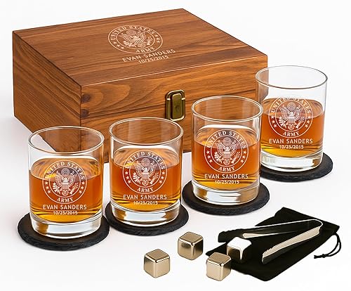 Juego de vasos de whisky militar personalizados, 4 vasos escoceses personalizados para el ejército, la Armada, la Fuerza Aérea y la Guardia Costera,