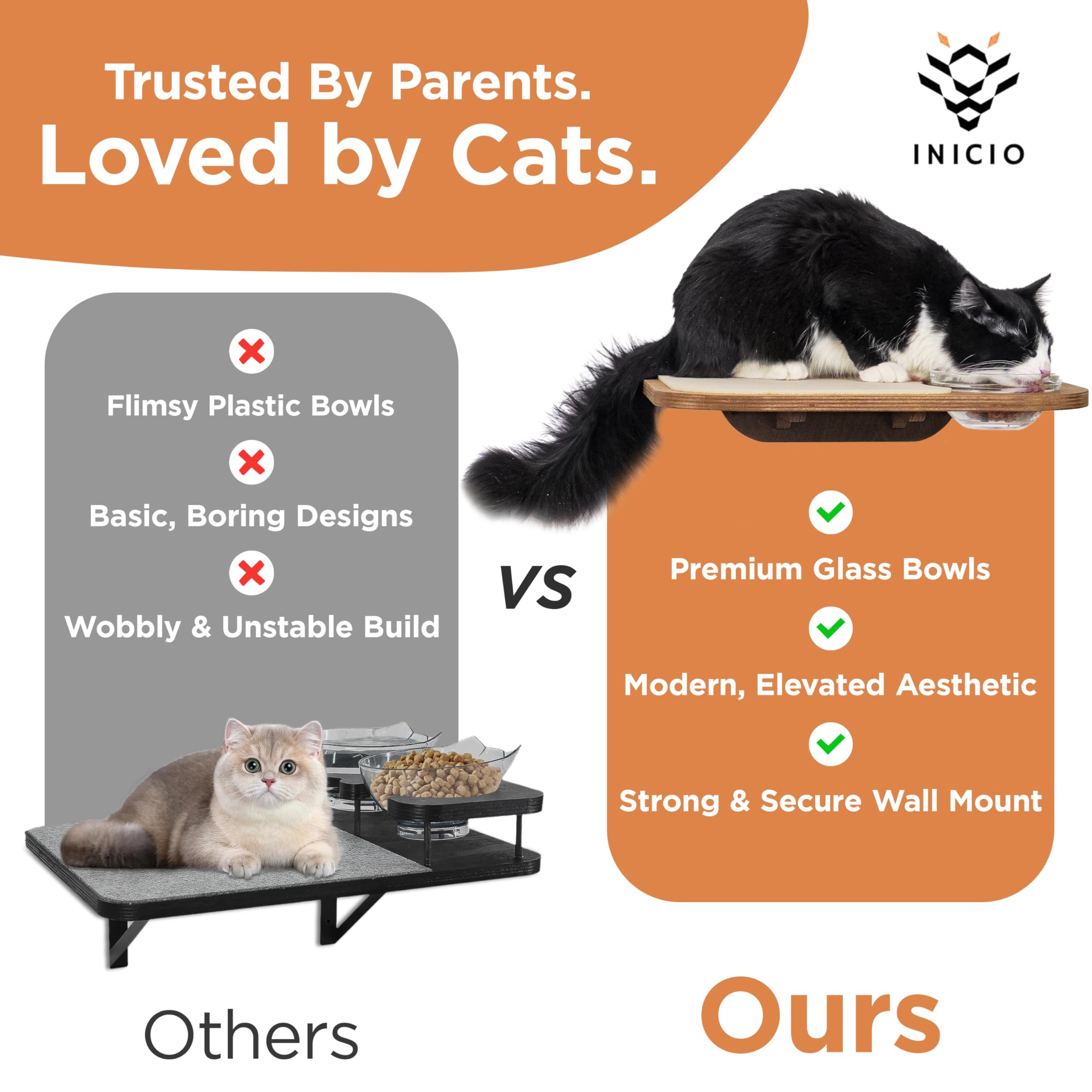 INICIO Mensole da parete per gatti – Stazione di alimentazione a prova di cane con ripiani montati a parete, resistente mensola galleggiante in betulla a 3 gradini per gatti fino a 6,8 kg, include