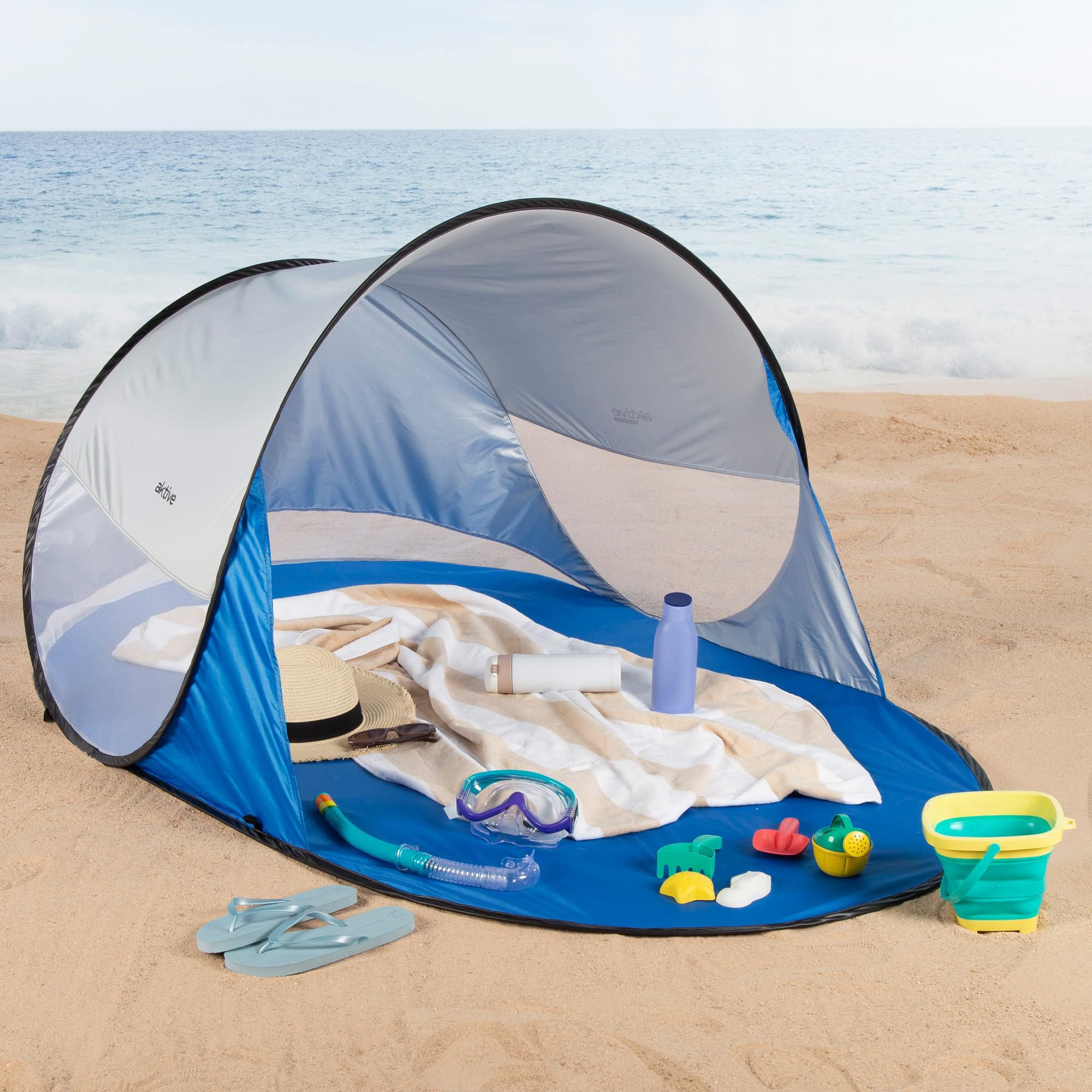 AKTIVE Tenda da spiaggia, Pop up, 120 x 200 x 90 cm, 2 persone, protezione UV50, rivestimento interno argento, include picchetti, colonna d'acqua 300 mm, borsa per il trasporto, tende pieghevoli