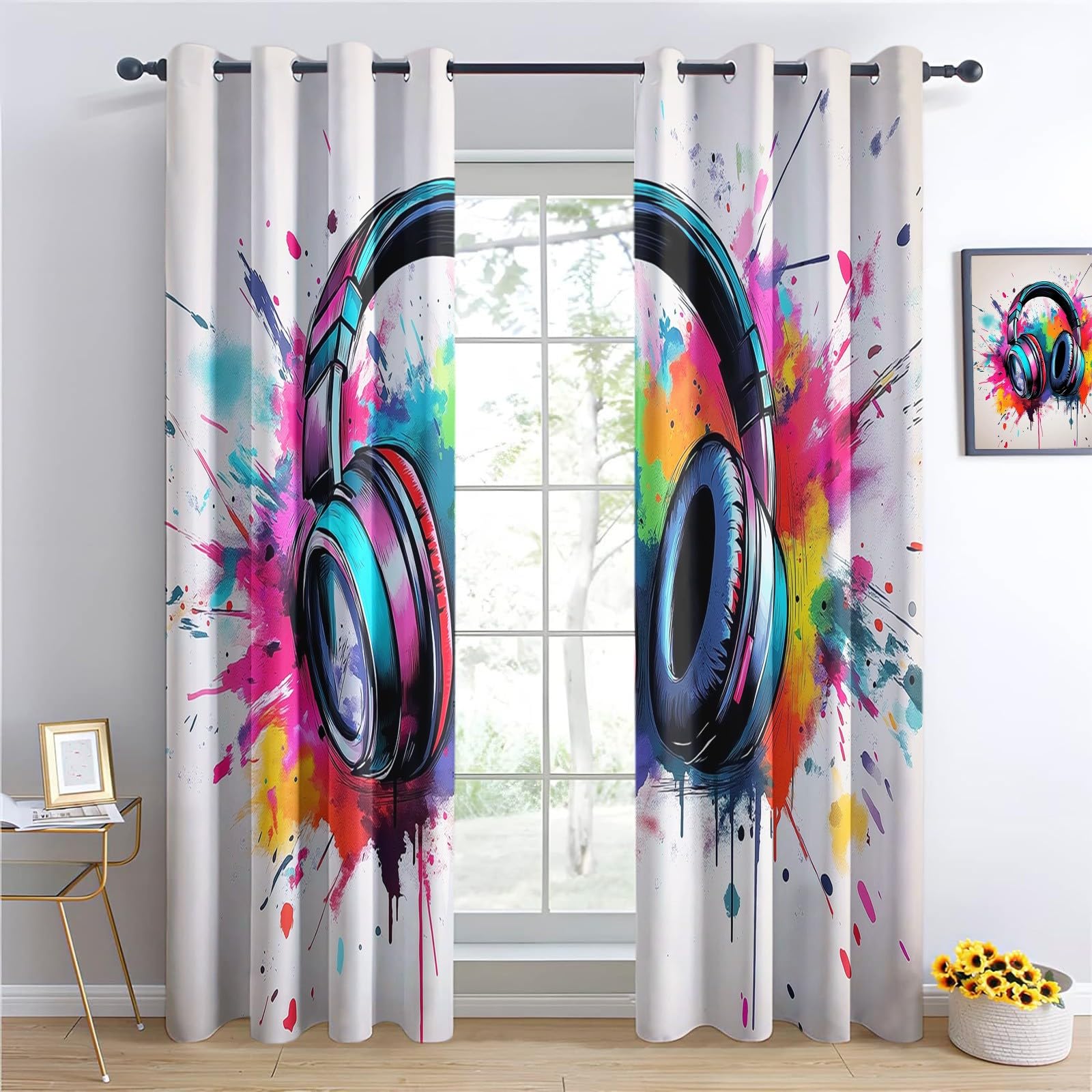 Bedruckte Verdunkelungsvorhänge mit Ösen, Graffiti Kunst Kopfhörer Blickdicht Thermo Isoliert Vorhänge, Privatsphäre Schützende Gardinen für Schlafzimmer Wohnzimmer, 2er Set H 214 x B 91.5 cm