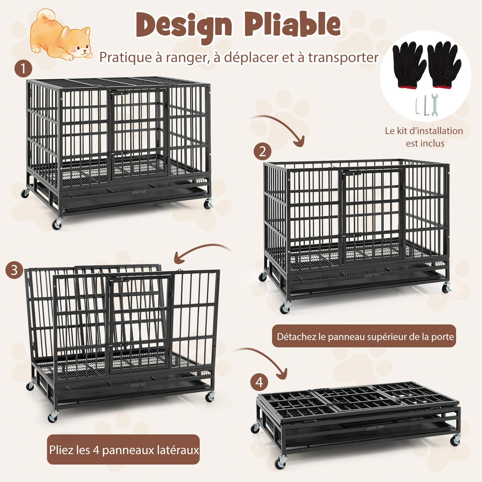 COSTWAY Cage pour Chien, Cage Chien Pliable à roulettes, 2 Portes Verrouillables, Plateau Amovible, Anti-Mastication, Cage Chien Interieur, Cage de Transport pour Chien (L)