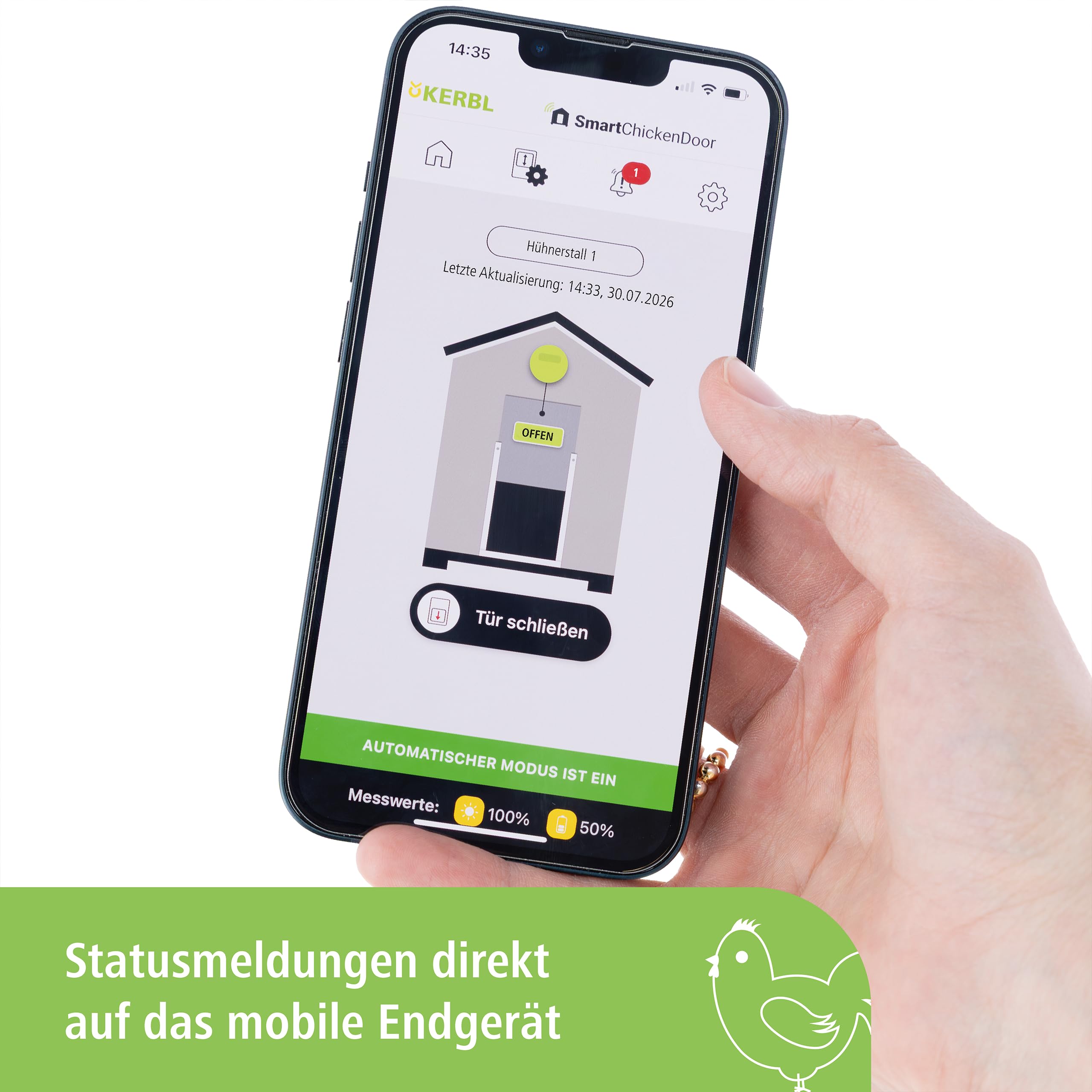 Kerbl Hobbyfarming Steuerung Duo Smart, Hühnerklappe, grau/grün, Tageslicht- und Zeitsteuerung, Bedienung über App