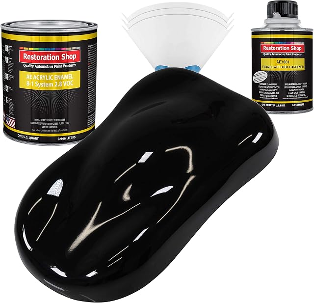 Restoration Shop - Jet Black (Gloss) Acrylic Enamel Auto Paint - Complete Quart Paint Kit - Professional Single Stage High Gloss Automotive, Car, Truck, Equipment Coating, 8:1 Mix Ratio, 2.8 VOC
