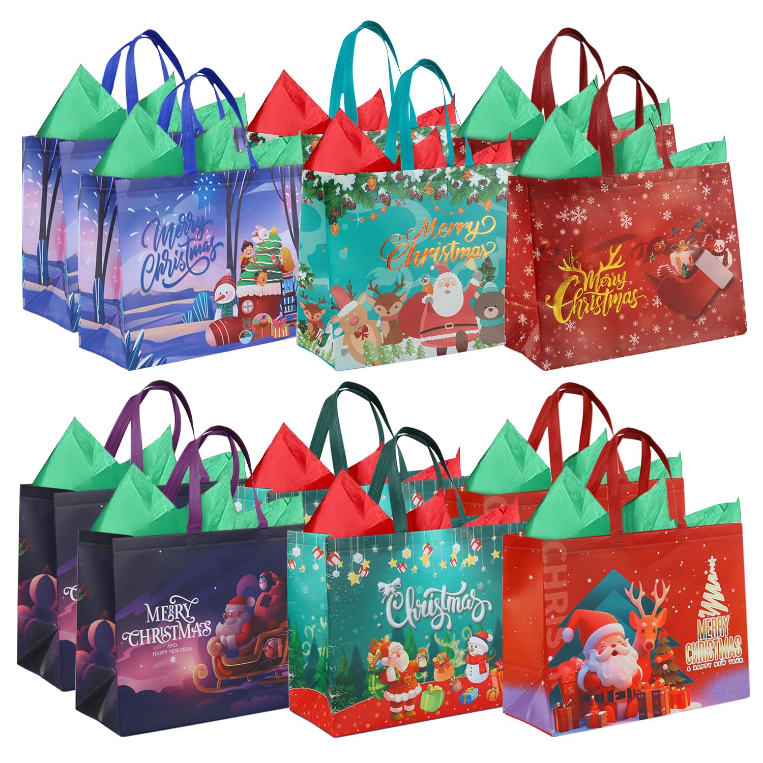 12 Extra Large Gift Bag Packs Christmas Party Gift Bags With 12PCS Tissue Paper, Reusable Xmas Tote Bags For Kids Boys Girls Women Men Holiday Gifts