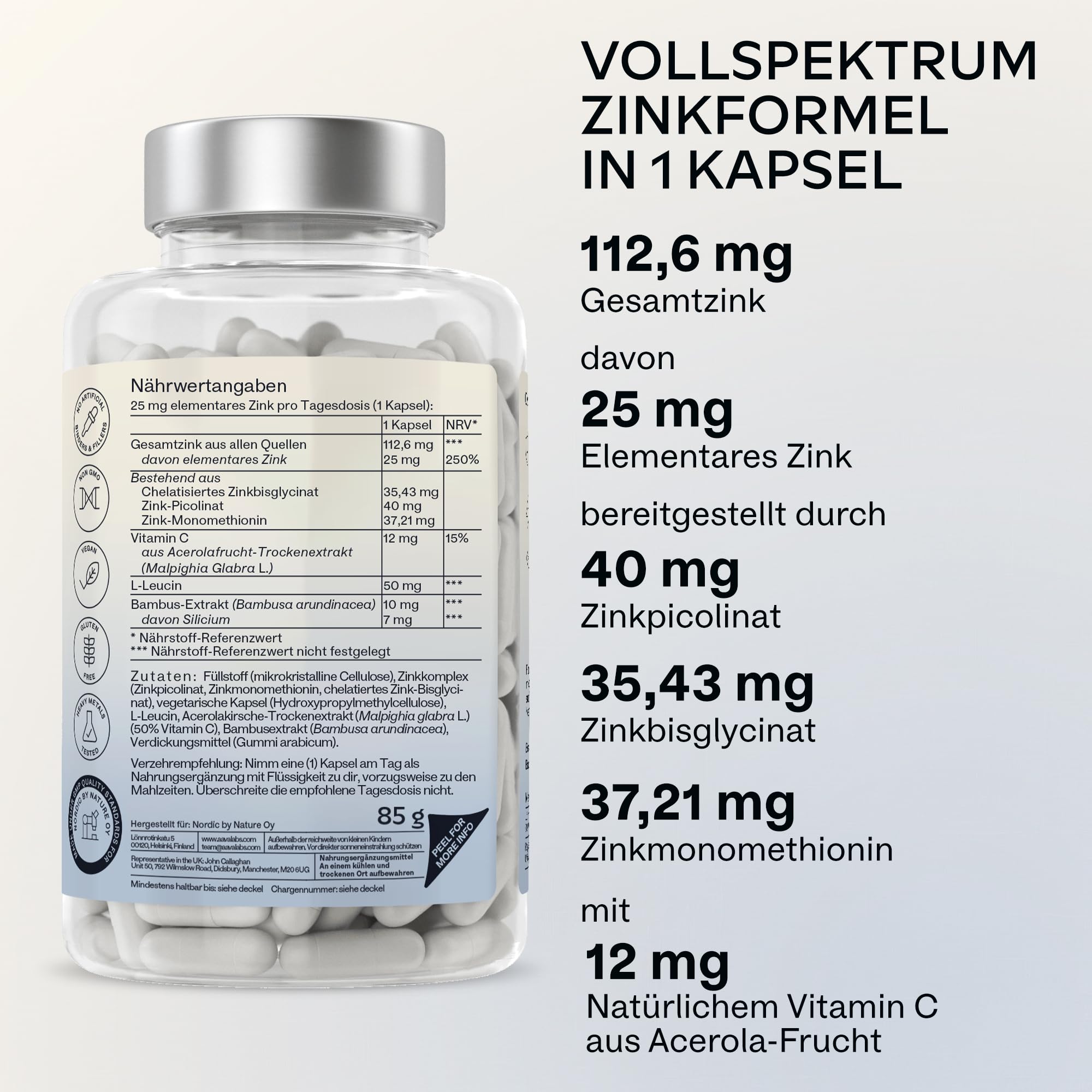 Zink Hochdosiert 3-in-1 Komplex 25mg mit Vitamin C - Zink Bisglycinat (Chelat), Picolinat, Monomethionin - Vegan Zinc Supplement - 180 Kapseln