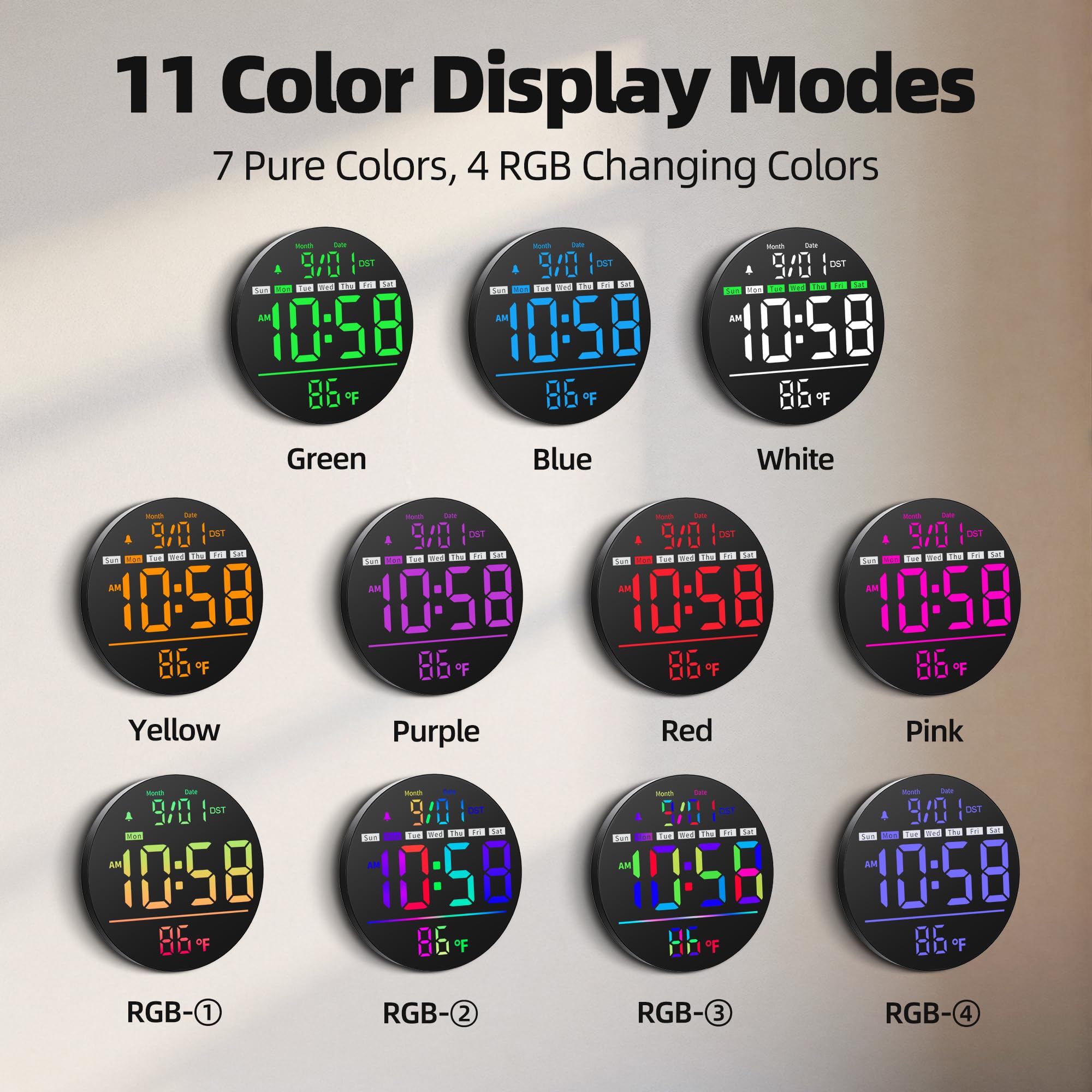 Maxstar Horloge Murale Numérique 8" LED avec Alarme, RGB, Température, Date