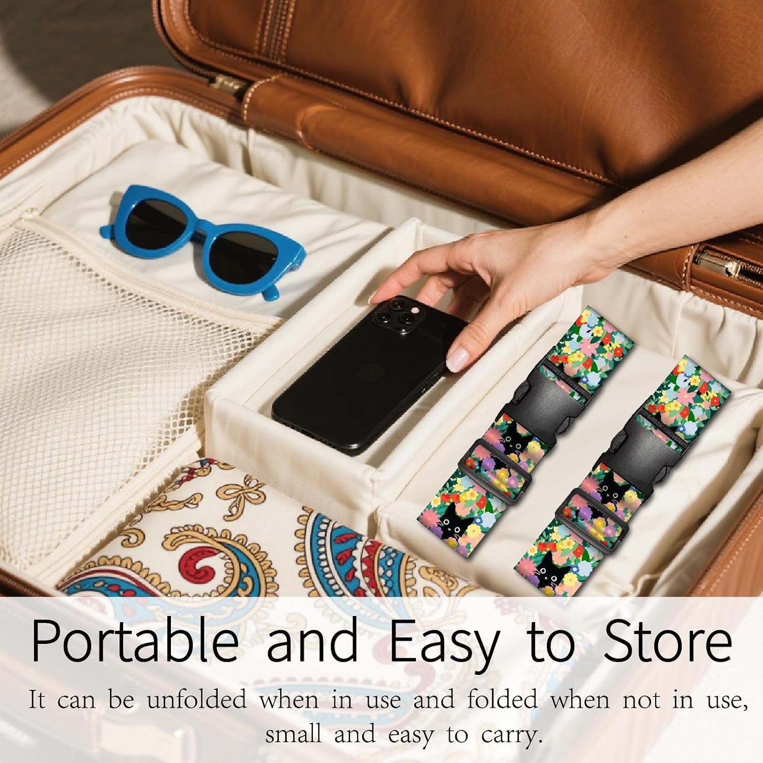 Cute Cat Luggage Straps for Suitcases 23.6-35.4 Inch Flowers Print Suitcase Belt 2 Pack with Quick Release Buckle Heavy Duty Nylon Bag Strap for Secure Packing Business Travel Accessories