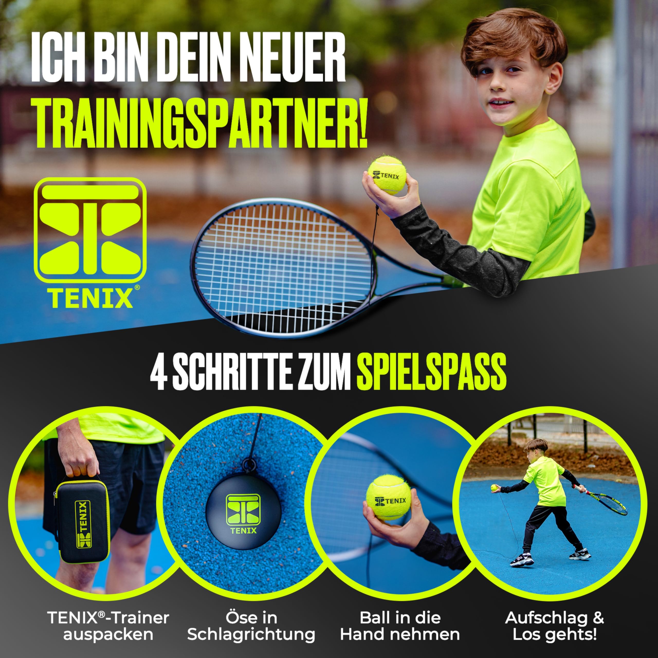 TENIX® Tennis-Trainer Set [mit Power-Grip-System] Tennis Trainingsgerät für Kinder & Erwachsene | Tennis alleine Spielen im Hof, im Park, auf dem Tennisplatz | Hole dir deinen Selbst-Trainer!