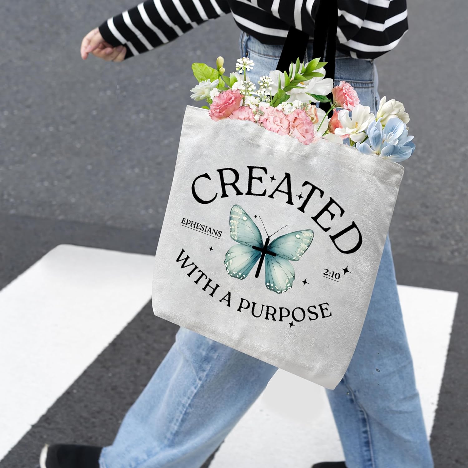 Christian Canvas Tote Bags for Women, Created With A Purpose Themed Bible Verse Shoulder Bags, Inspirational Gift for Women Friends Colleagues, Butterfly Reusable Shopping Bags -18 - Image 5