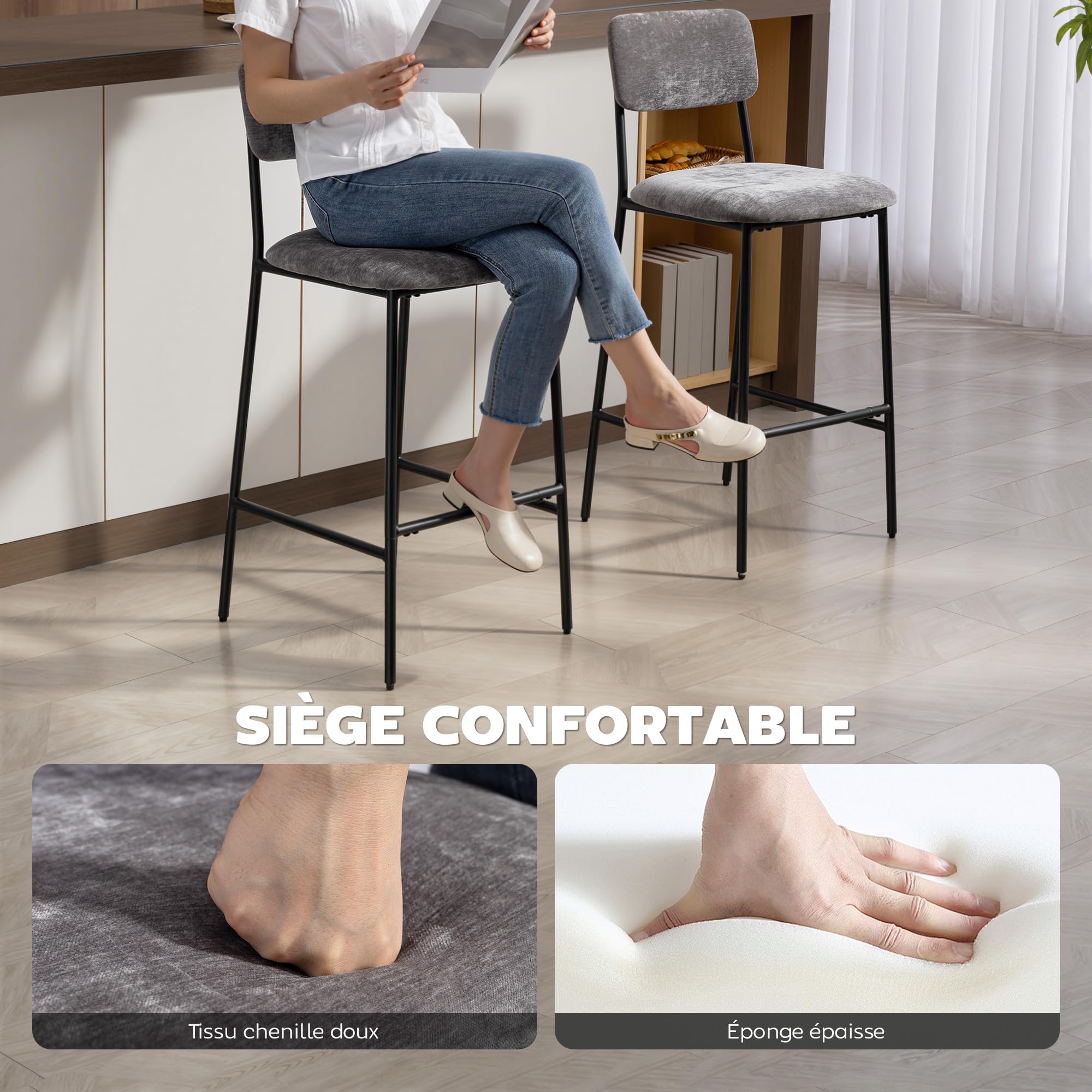 HOMCOM Lot de 2 Tabourets de Bar Tissu Chenille Assise Large 72,5Hcm Gris