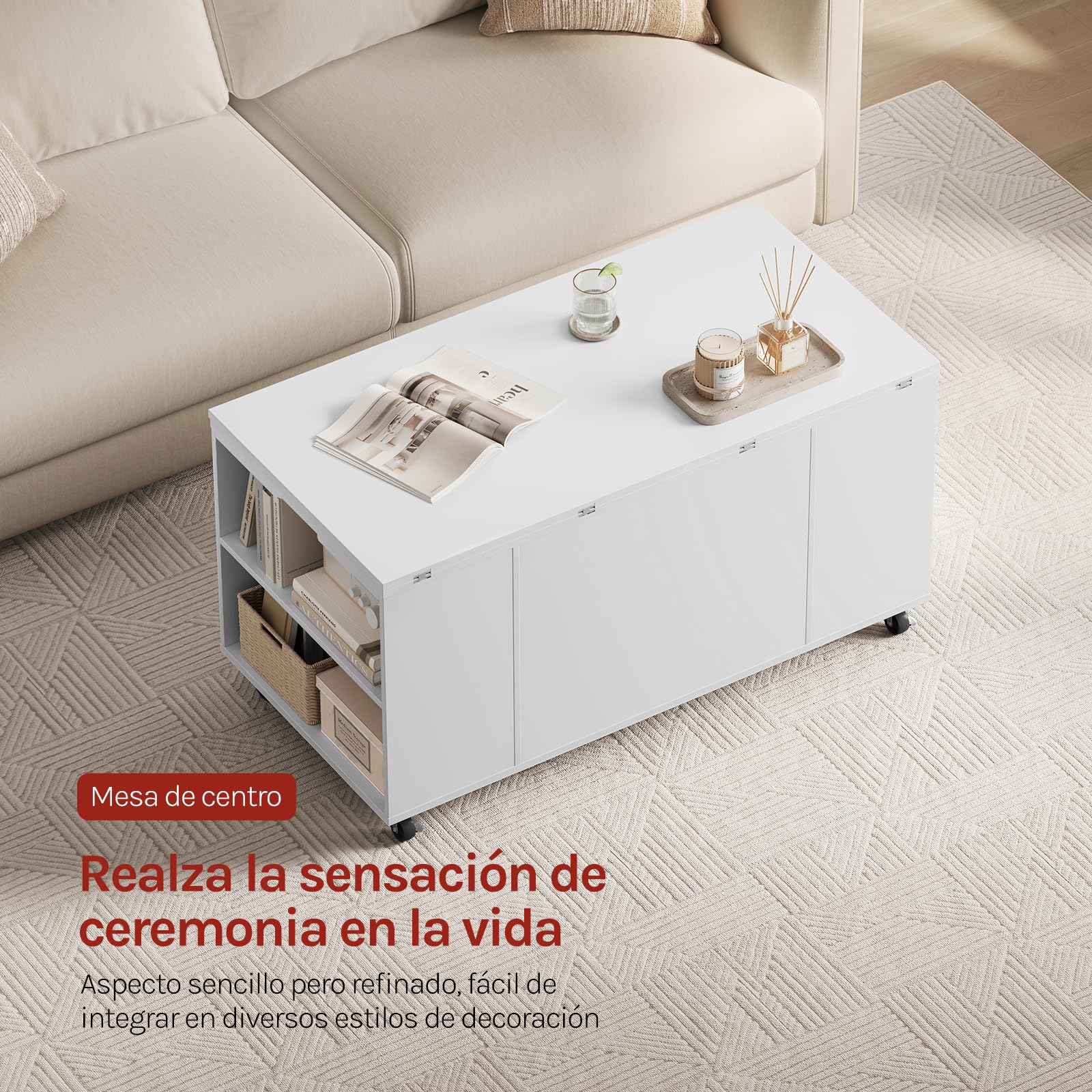WOLTU Mesa de Centro con Tapa Elevable y Ruedas, Mesa Extensible y de Altura Regulable con Doble Tapa Elevable, Cajón y Compartimentos de Almacenamiento, para Salón u Oficina, Blanco
