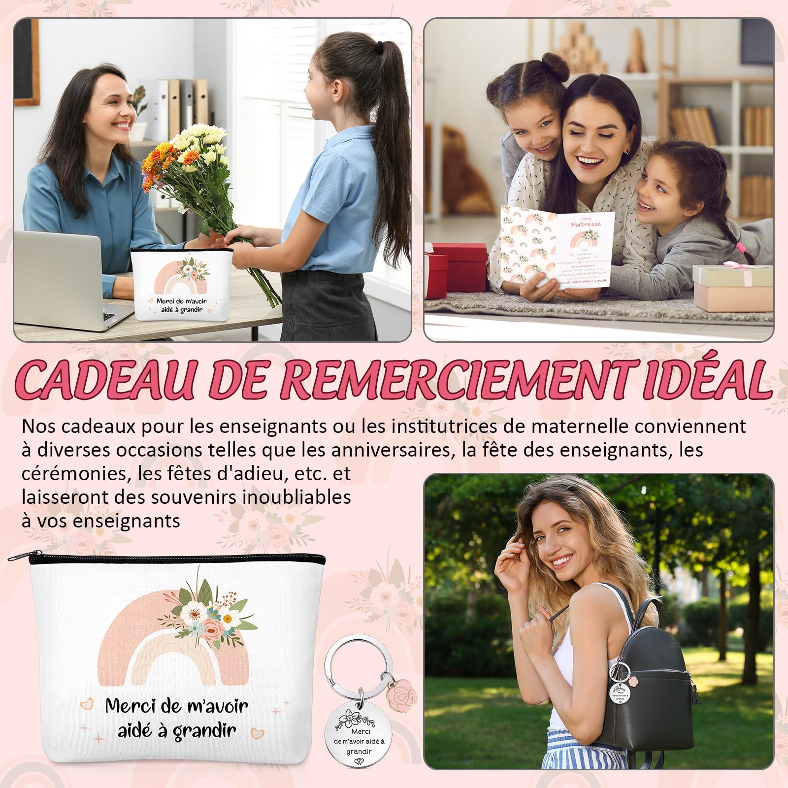 Cadeau de Remerciement pour Maîtresse Professeur 4 Pièces Trousse de Maquillage Porte-Clés Carte Arc-en-Ciel avec Enveloppe