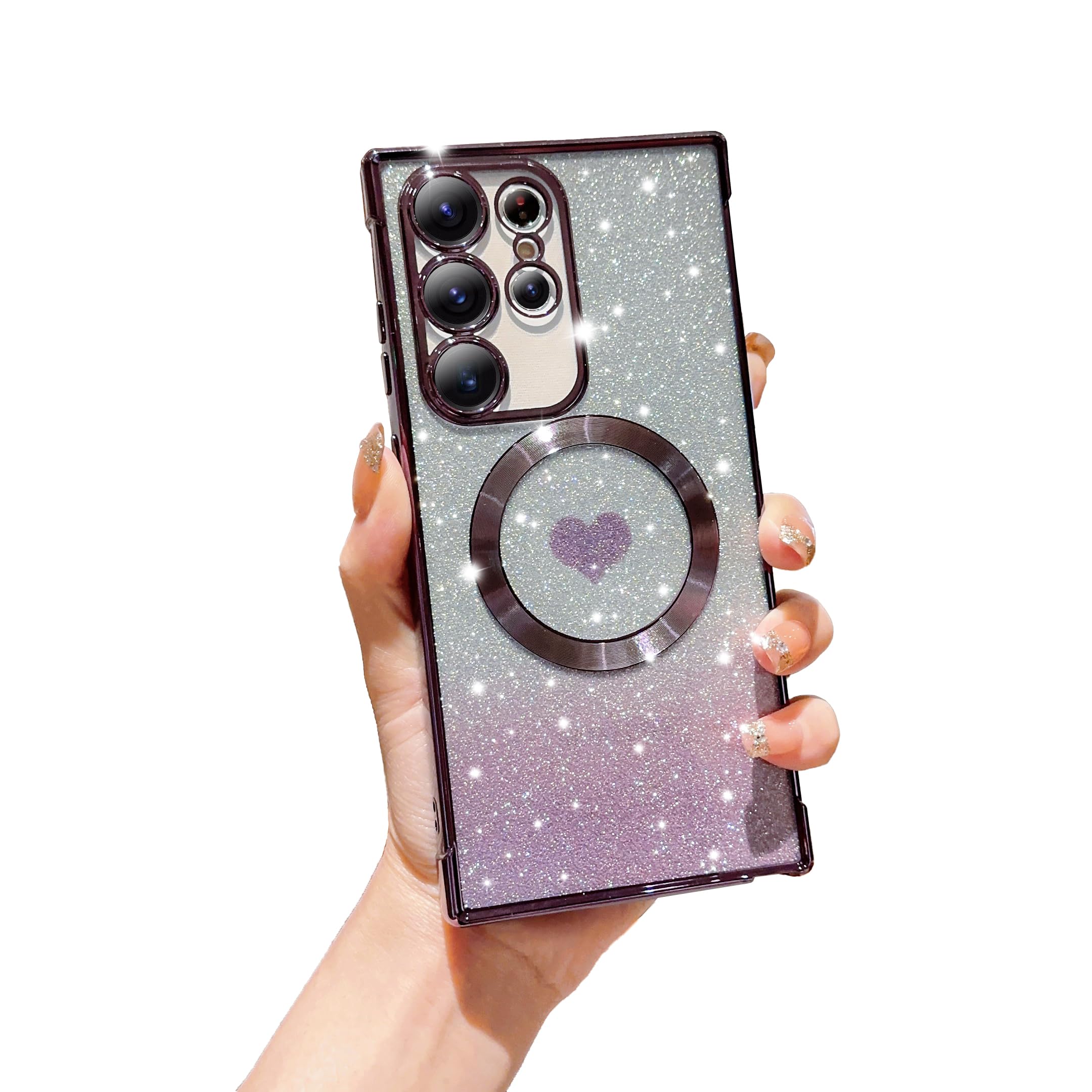 FABSPARK for Samsung Galaxy S25 Plus Phone Case,Compatible with Magsafe,Magnetic Plating Glitter Gradient Cute Heart Clear Case,Camera Protection for
