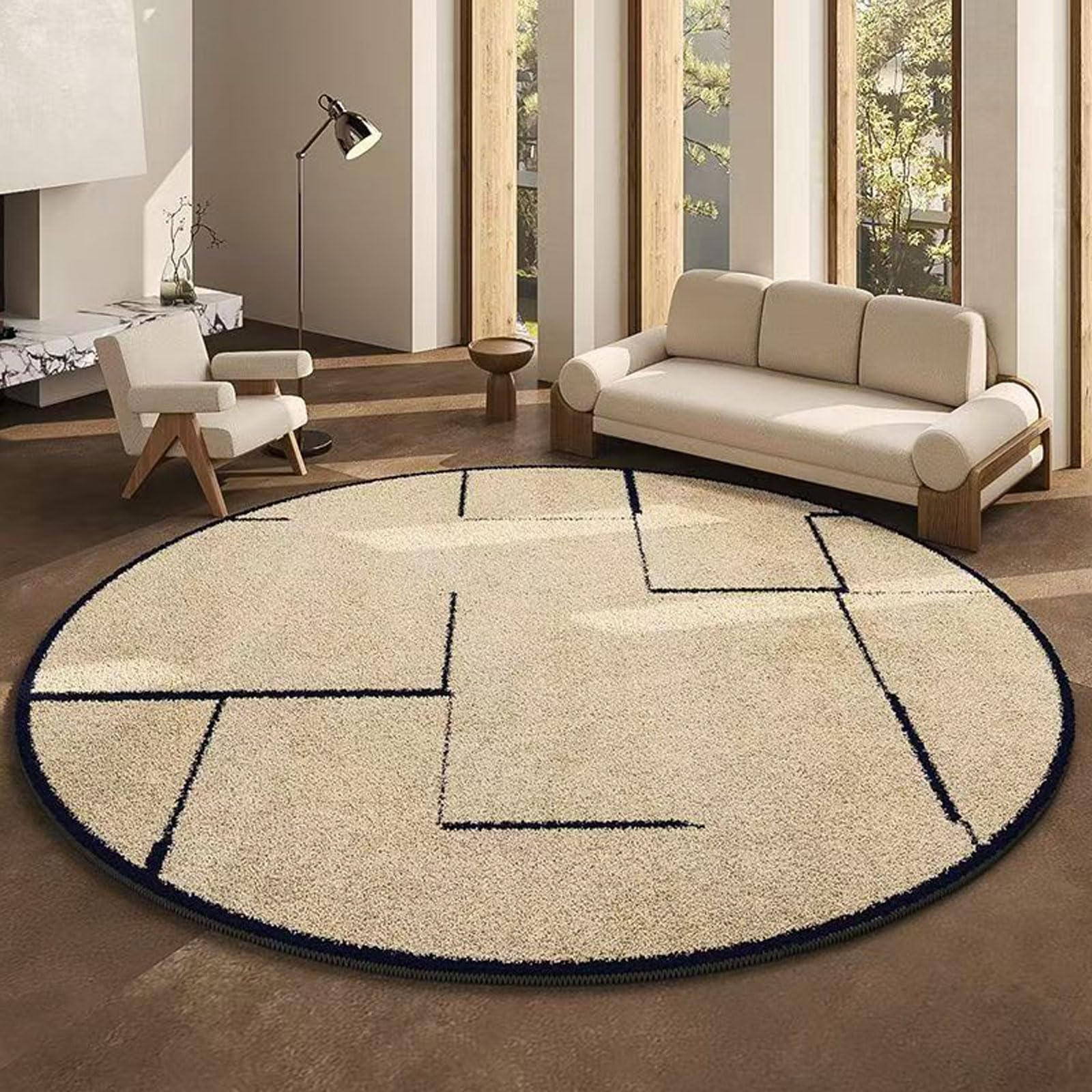 Scumlovy Modern Minimalist Round Living Room Carpet, High-grade Thickened Imitation Cashmere Area Rug, Broken Line Circle, 160cm