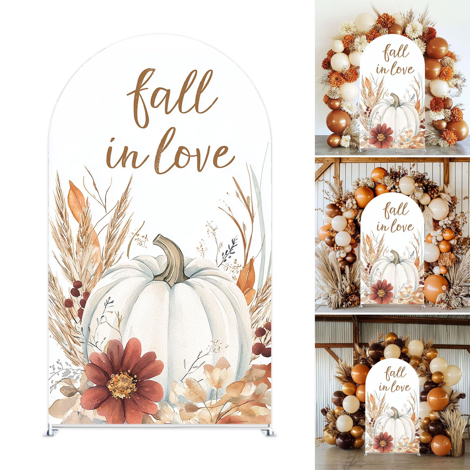 Fall in Love Autumn Pumpkin Arch Cover Backdrop Double-Sided Fall-Themed Party Decoration for Weddings Birthdays Harvest Floral Design with Pumpkins