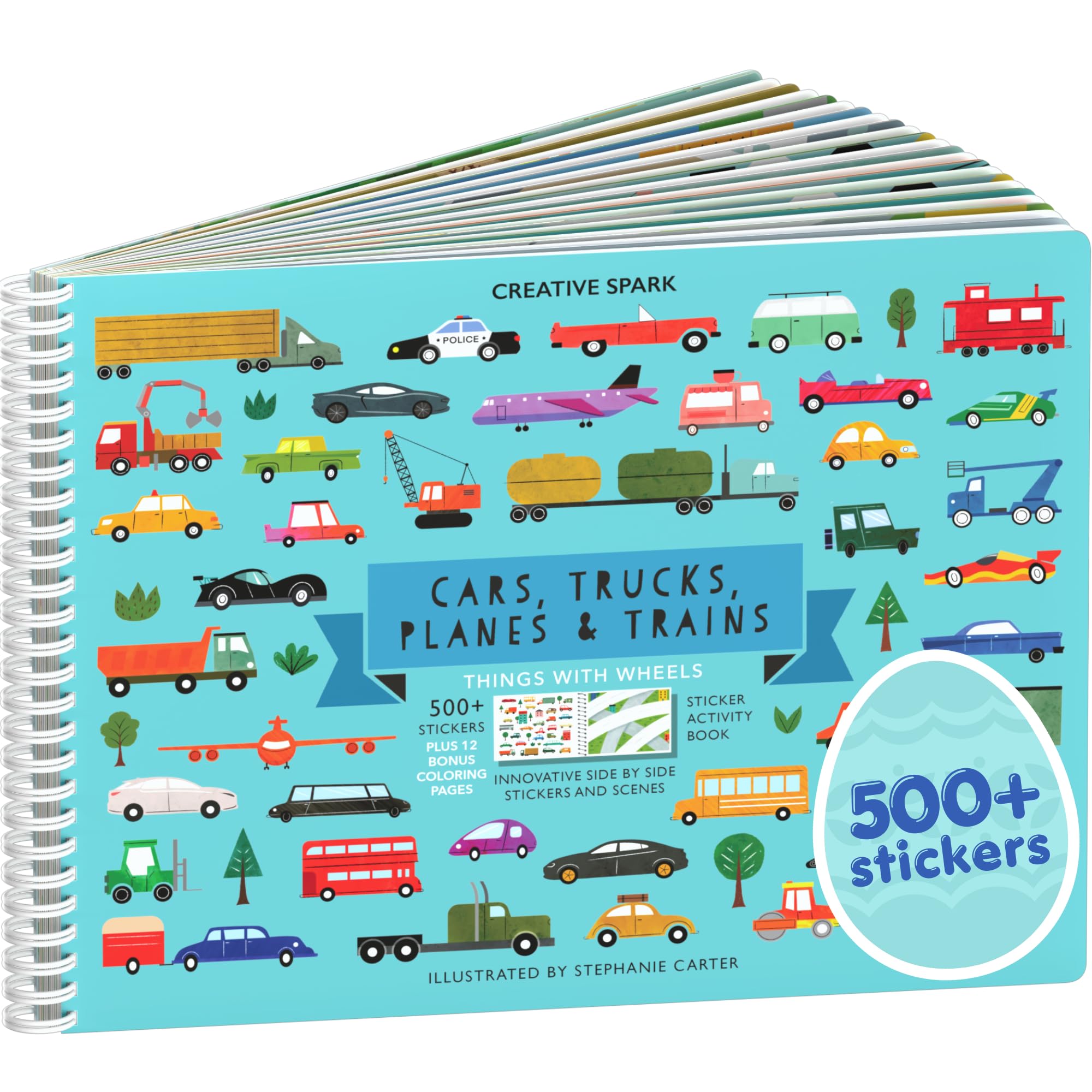 Cars, Trucks, Planes & Trains 500+ Kids Sticker Book by Cupkin Fun Toddler Travel Activity Coloring and Sticker Book, 12 Coloring Pages + Scenes for Children's of 2-8 Years, Valentines Gifts for Kids