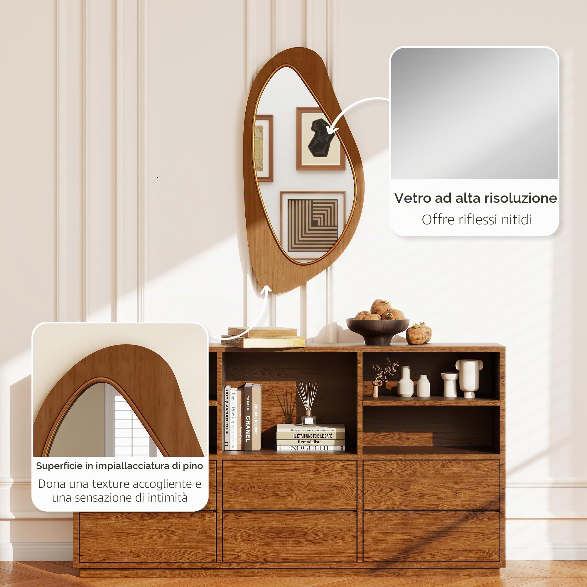 HOMCOM Specchio da parete, 91,5 x 45 cm, asimmetrico, in legno naturale | con cornice impiallacciata di pino, specchio decorativo da appendere, specchio da corridoio, per camera da letto, soggiorno