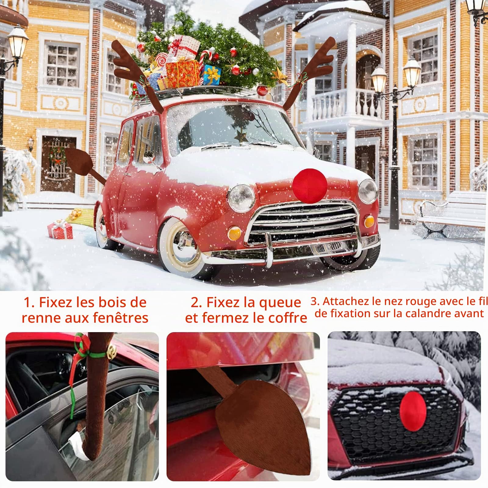 Amzeeniu Voitures Rennes de Noël,Decoration Noel Voiture,Bois de Voiture,Voiture Renne Rudolf Décoration de Noël pour Voiture Costume de Renne pour Camion Van SUV avec Queue 45cm Bois de Renne Brun