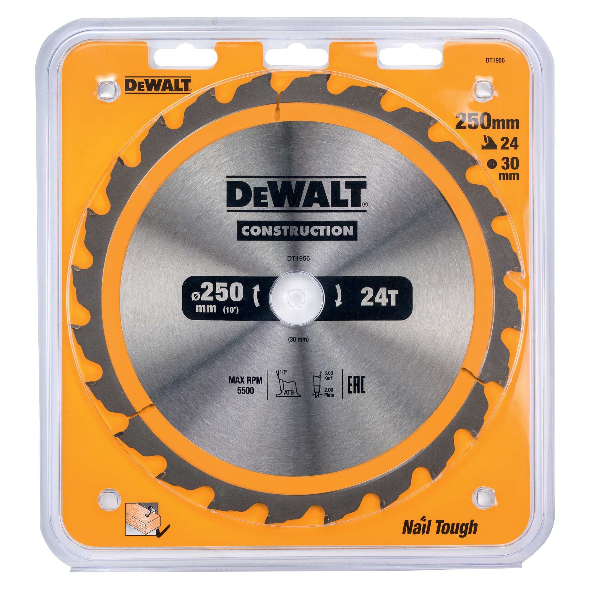 DEWALT DT1956-QZ - Hoja de Sierra Circular Estacionaria, Disco Cortante de 24 Dientes 250x30mm, Herramienta Resistente a Clavos, Duradera, Especial para Construcción y Uso Profesional